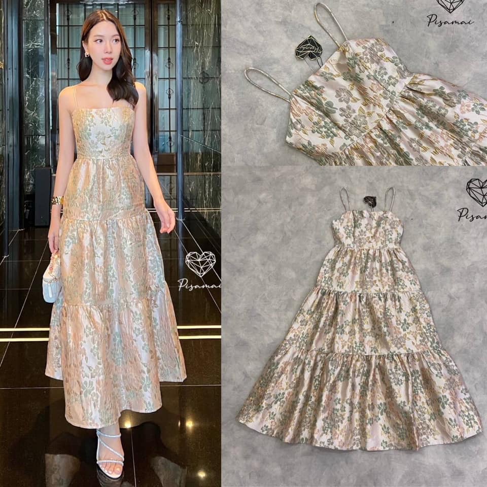 เดรสสายเดี่ยวงานผ้าทอนูนตัวยาวบาน สีเงิน สวยเป็นสวย ใส่สบาย สินค้าคุณภาพ (พร้อมส่ง)