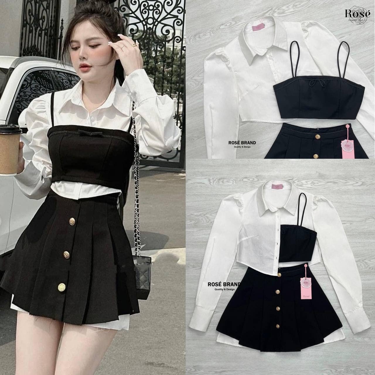 Set 3 ชิ้น เสื้อเชิ้ตแขนยาวสีขาว มากับเสื้อครอปสายเดี่ยวสีดำ แต่งโบว์คาดเล็กๆ พร้อมกระโปรงพลีทสั้น น่ารัก ใส่ง่าย สินค้าคุณภาพ (พร้อมส่ง)