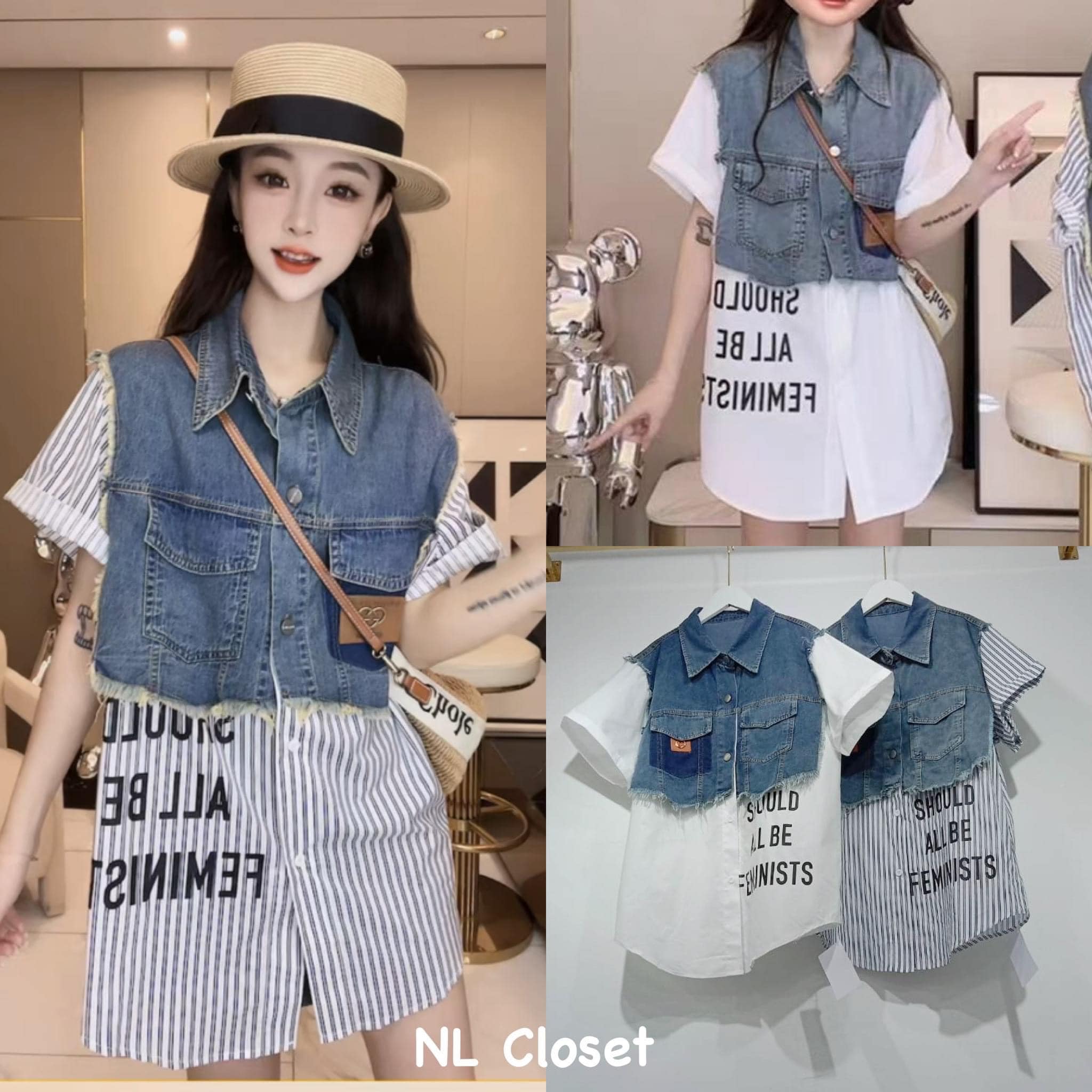 เสื้อเชิ้ตยีนส์แขนสั้นแต่งกระเป๋า หน้าตัดต่อผ้า Cotton ช่วงตัวเสื้อมีสกรีน ลายภาษาอังกฤษน่ารักมากค่ะ : สินค้าคุณภาพ (พร้อมส่ง)