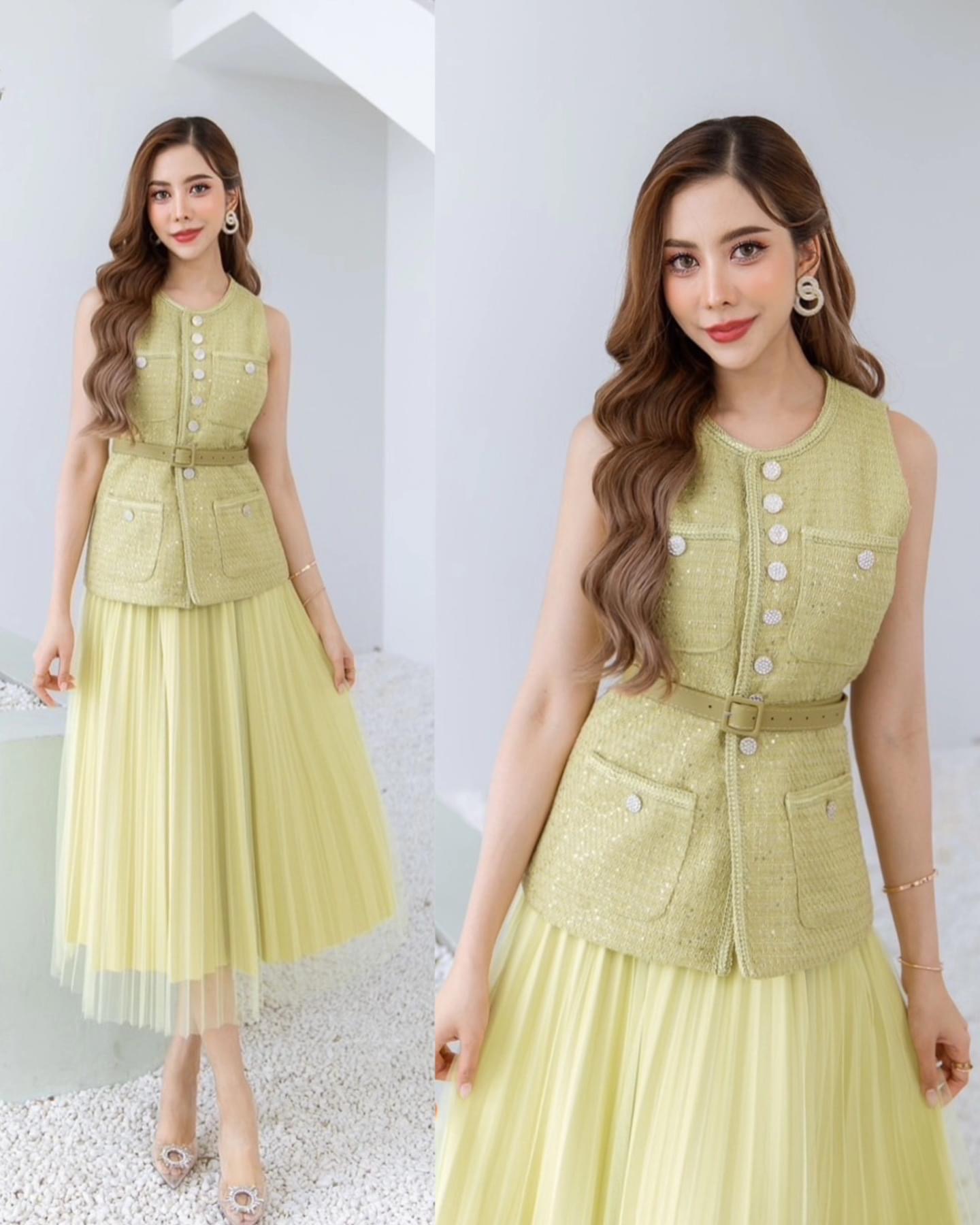 เซตเสื้อผ้า ทวิตกระดุมเพชร+กระโปรงผ้าตาข่ายอัดพลีท เนื้อผ้าทวิตเกรดเอ ใส่สบาย สินค้าคุณภาพ (พร้อมส่ง)