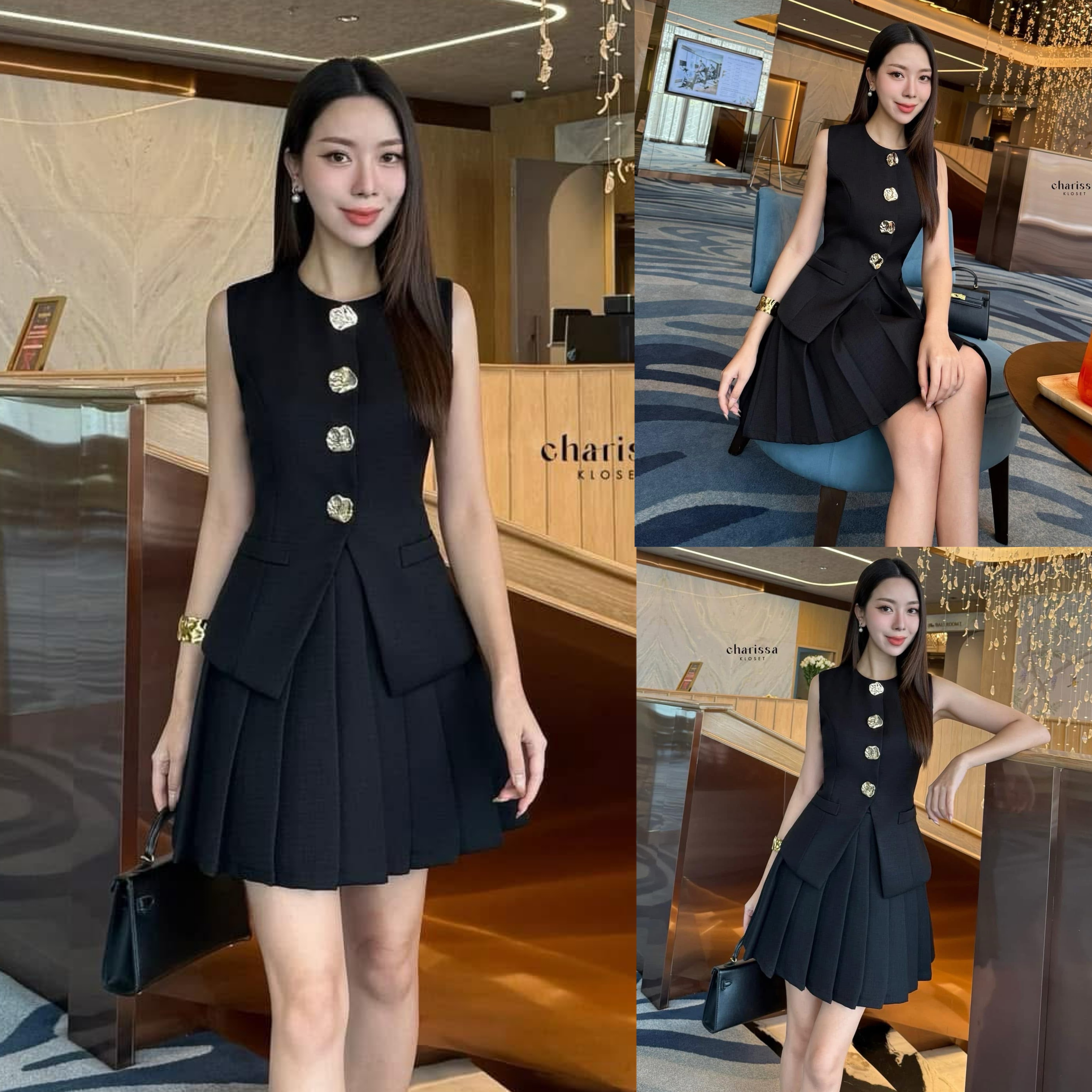 เซ็ทกระโปรงพลีทสั้นมาพร้อมกับเสื้อแขนกุดแต่งกระดุมทองเม็ดใหญ่หรูมาก ใส่สบาย : สินค้าคุณภาพ (พร้อมส่ง)