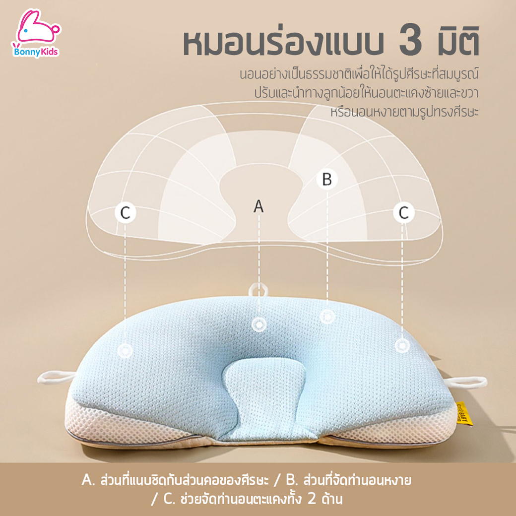 Baby Tattoo (เบบี้ แทททู) หมอนรองศีรษะปรับ 3 ด้าน หมอนหลุม หมอนหัวทุย ป้องกันแบคทีเรียและไรฝุ่น (0m+)