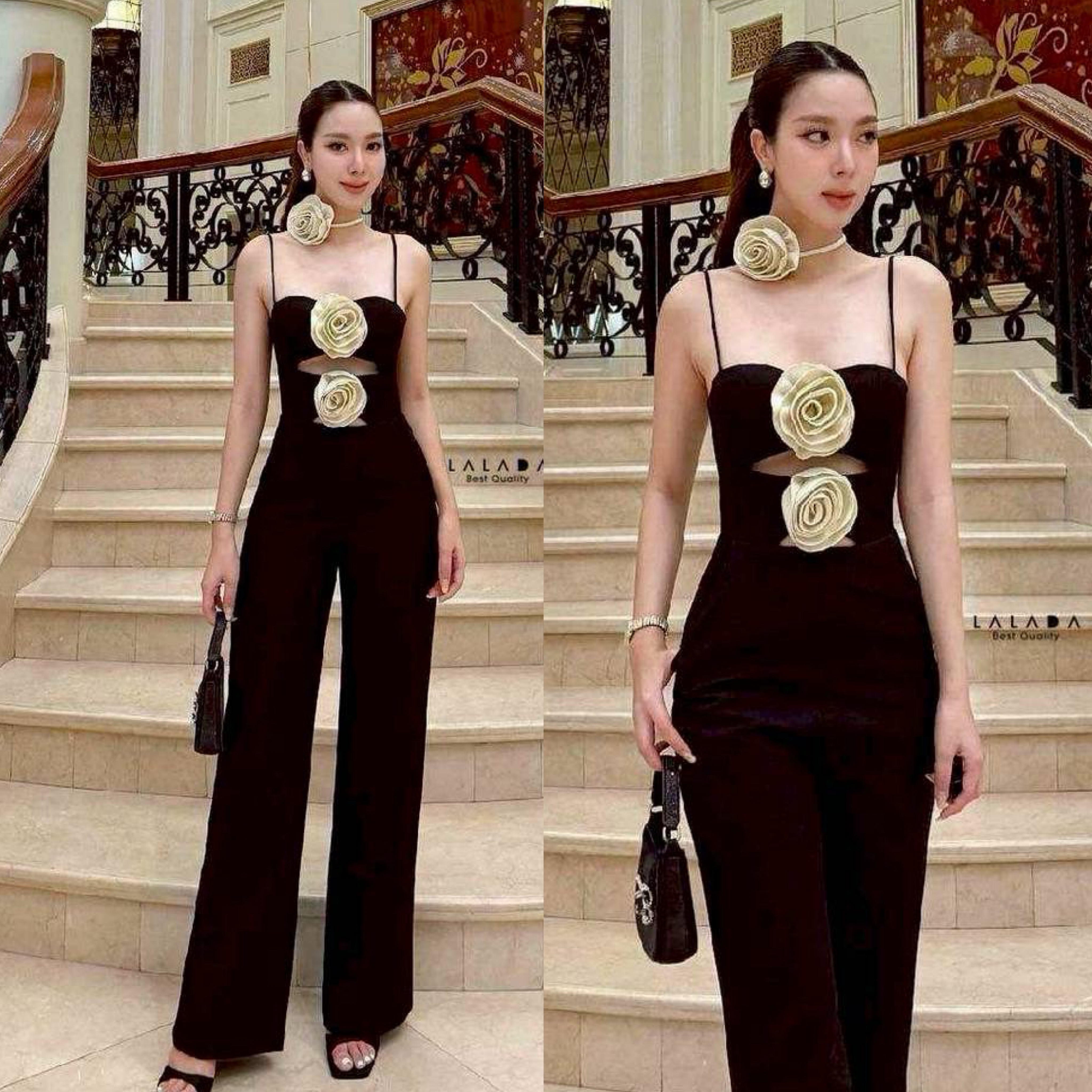 จั้มสูท ขายาว สวยแกลม แต่งดอกไม้ช่วงด้านหน้า มีความเก๋เว้าด้านหน้าเล็กน้อย + โชคเกอร์ที่คอ งานซิปหลัง ช่วงอกเสริมฟองน้ำ สายปรับความยาวได้ ใส่สบาย : สินค้าคุณภาพ (พร้อมส่ง)