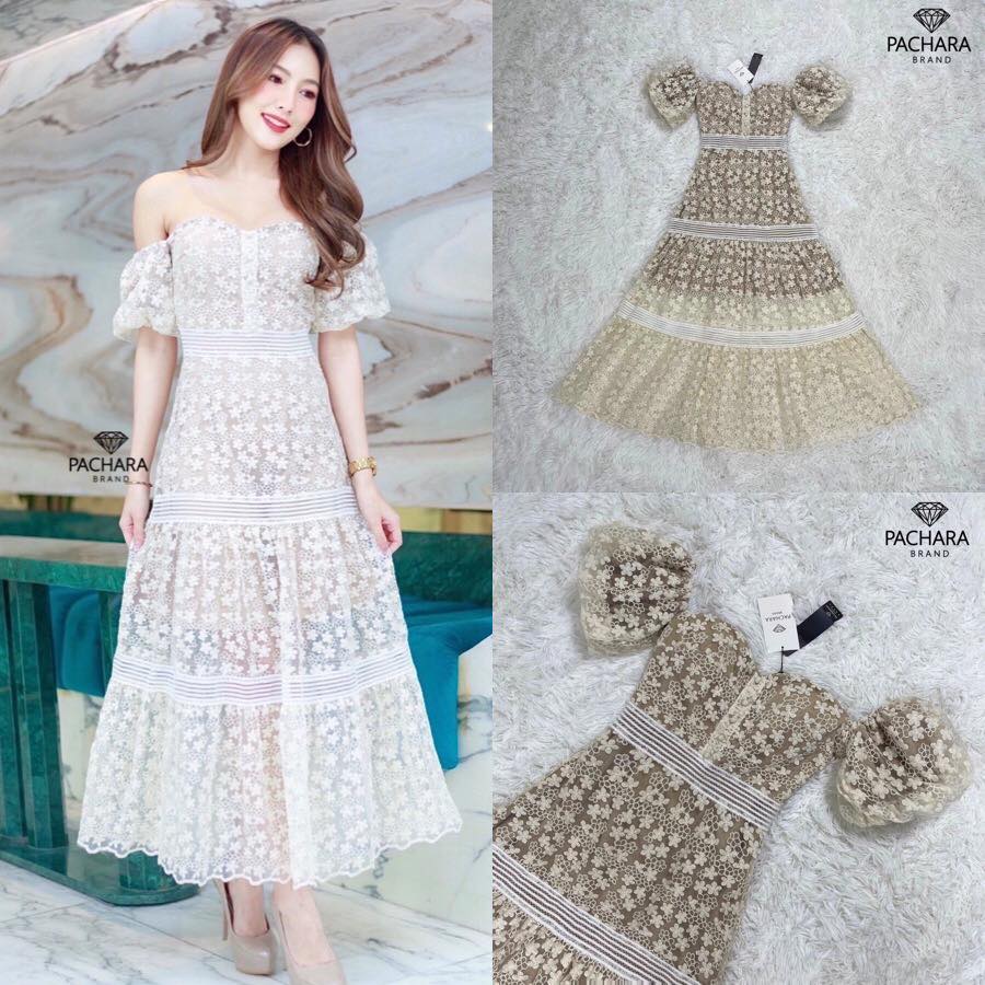 แมกซี่เดรสทรงเกาะอกสีกรมเข้ม แต่งแขนตุ๊กตาน่ารักมาก เนื้อผ้าหนาปักลาย ดอกไม้ทั้งชุด สินค้าคุณภาพ (พร้อมส่ง)