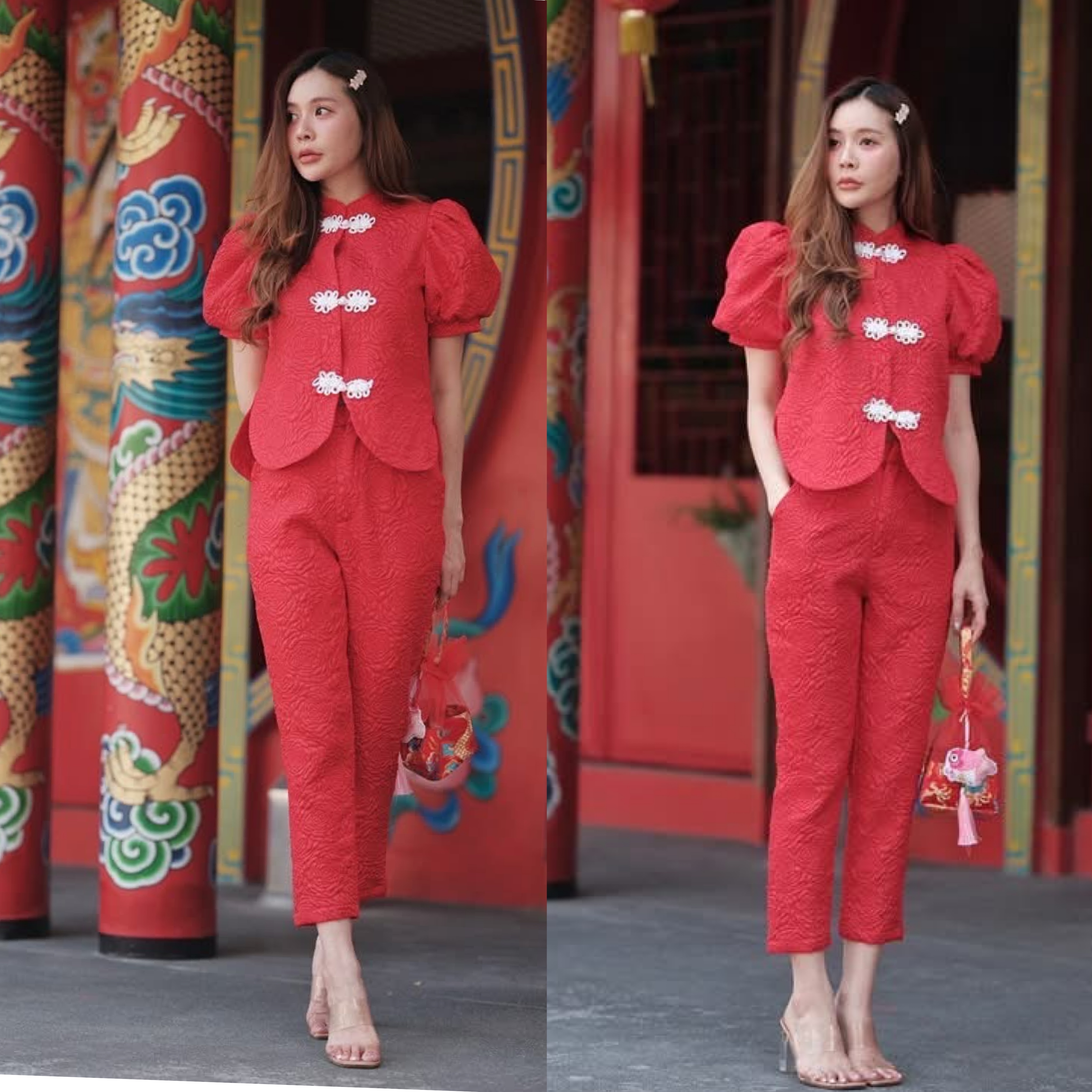 ชุดset เสื้อคอจีนผ้าปั้มลายดอกกุหลาบ แขนตุ๊กตาคืองานสวยมากๆคัทติ้งเป๊ะ ใส่สบาย : สินค้าคุณภาพ (พร้อมส่ง)