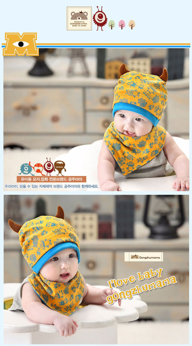 เซตหมวก+ผ้ากันเปื้อนเด็กอ่อน สไตล์เกาหลี ปีศาจน้อยน่ารัก สำหรับเด็กวัย 3-24 เดือน