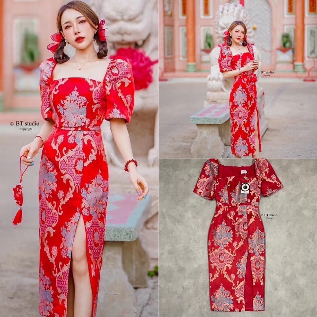 เดรสแต่งคอสี่เหลี่ยม ช่วงแขนแต่งพอง ๆ ผ่าหน้า งานผ้าทอ สวย หรู ดูดี พร้อมเสริฟ สินค้าคุณภาพ (พร้อมส่ง)