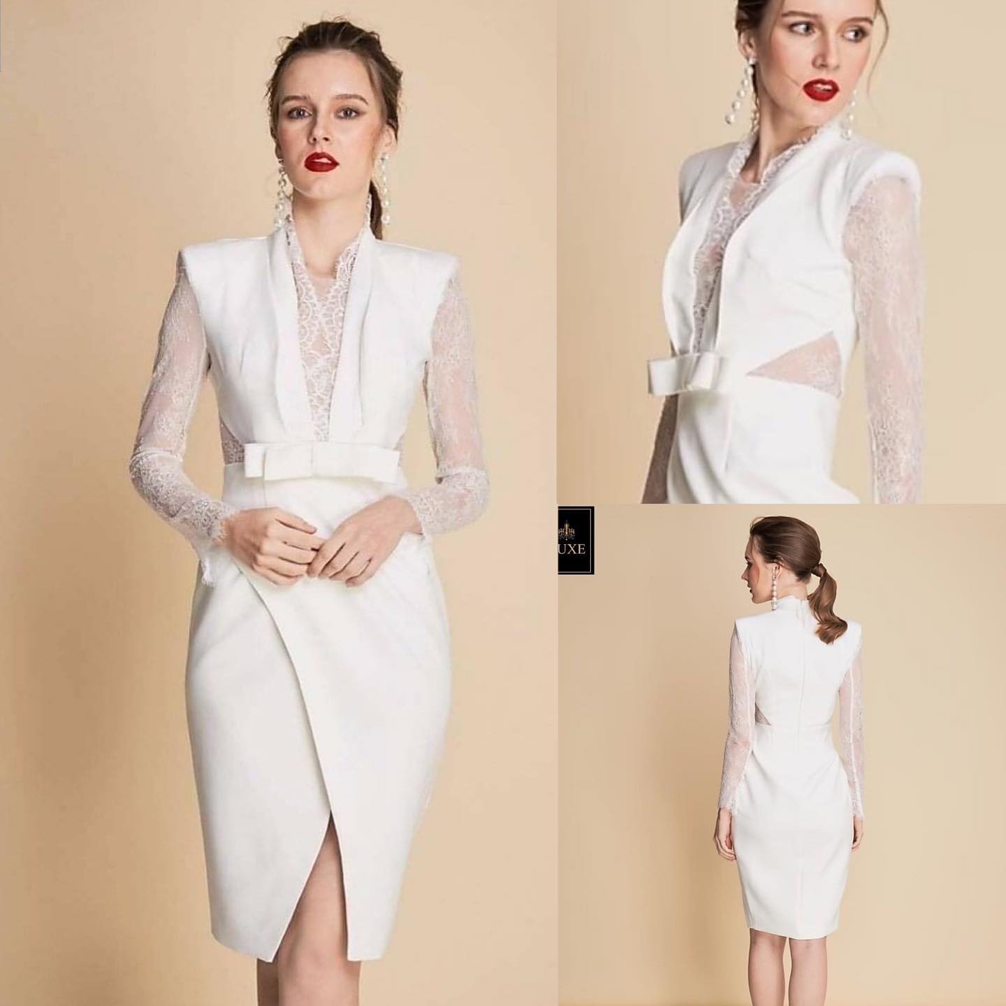 เดรสเสื้อคอวีแขนยาว แต่งโบว์ที่เอว ใช้ผ้าลูกไม้ ซีทรูเนื้อนุ่มแต่งช่วงคอเสื้อ เอวและแขน สินค้าคุณภาพ (พร้อมส่ง)