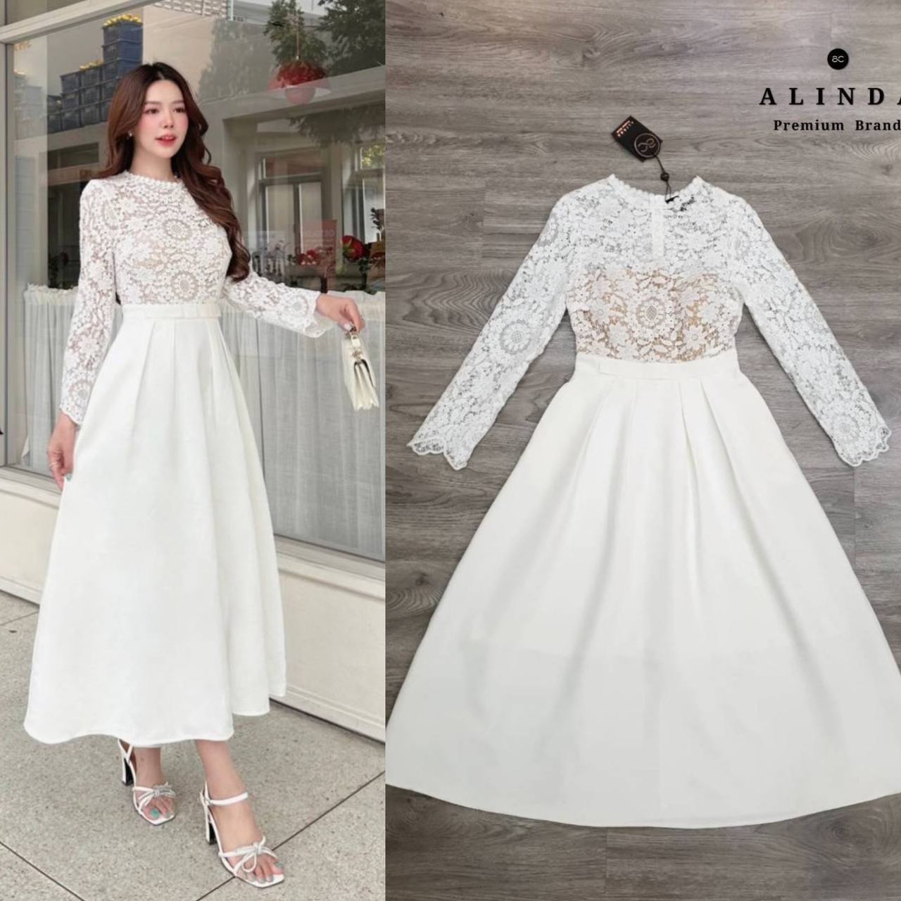 เดรสยาวแขนยาวสีขาว ช่วงบนตัวเสื้อเป็นผ้าลูกไม้ สีขาวเนื้อดี มีซับใน มีฟองน้ำ ตัวกระโปรง สะโพกฟรี ใส่สบาย สินค้าคุณภาพ (พร้อมส่ง)