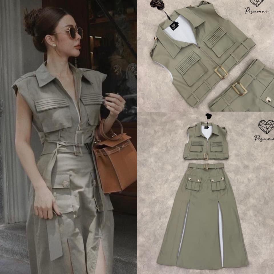 เซ็ตเสื้อกั๊กสีเขียว มาคู่กับกระโปรง ตัวยาวทรงผ่าหน้าสูงพร้อมเข็มขัดเข้าเซ็ต สวยเก๋มาก : สินค้าคุณภาพ (พร้อมส่ง)