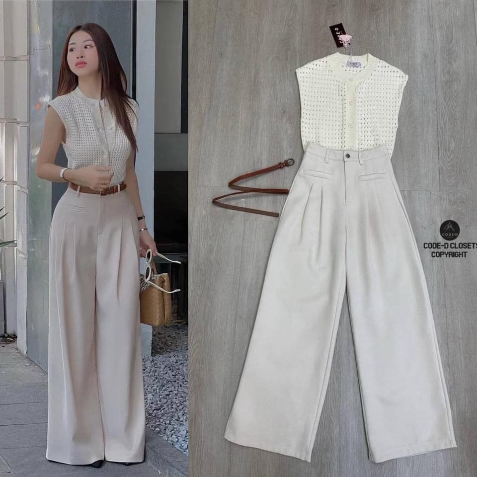 Set 2 ชิ้น สีครีม เสื้อแขนกุดไหมพรม ถักทอฉลุดีไซน์สวยด้านหน้ามีกระดุมเรียงยาว มาพร้อมกับกางเกงขายาวเอวสูง ใส่สบาย สินค้าคุณภาพ (พร้อมส่ง)