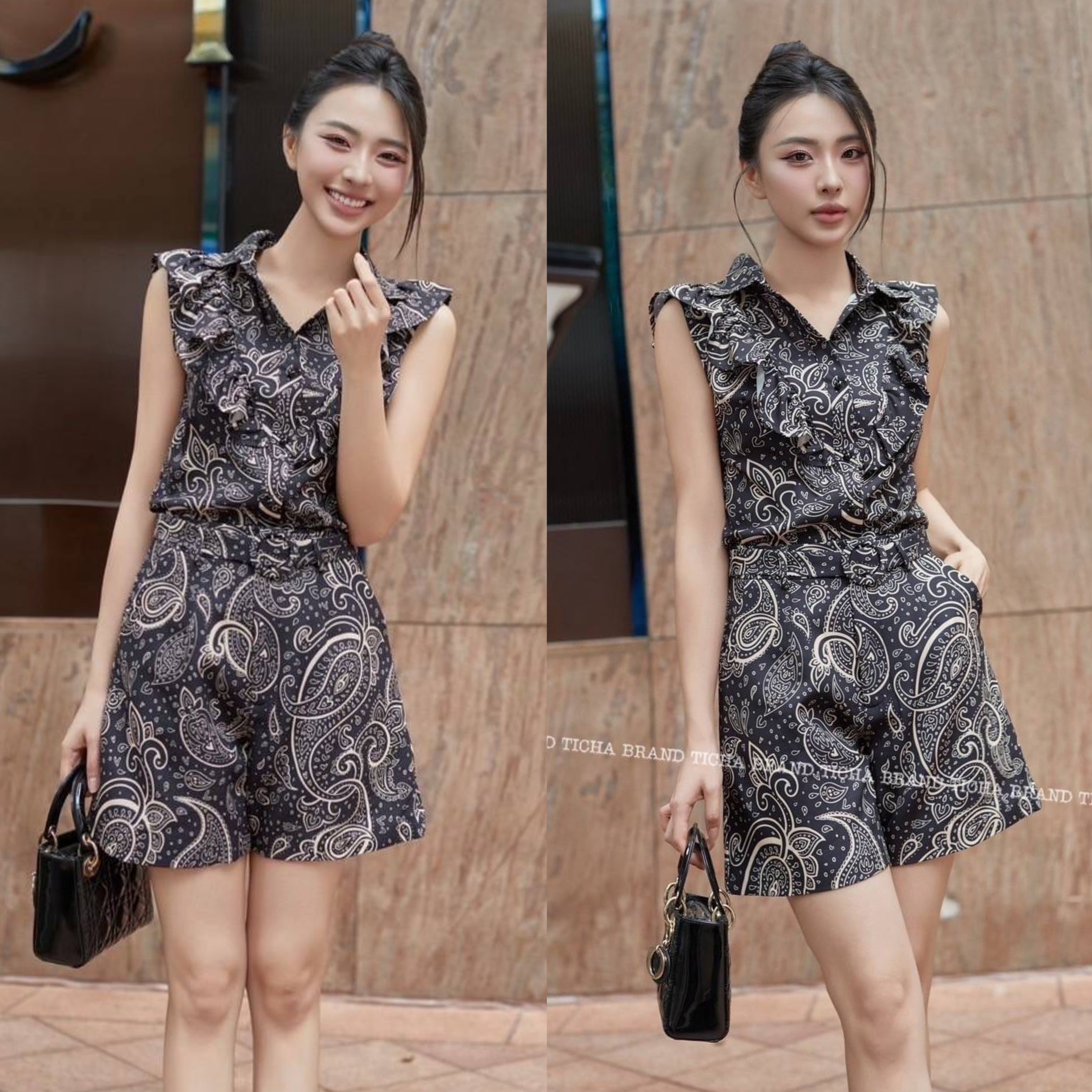 Set 2 ชิ้นพิมพ์ลายโบฮีเมี่ยนสีดำ เสื้อแขนกุดแต่งระบายไหล่ ด้านหน้าแต่งกระดุม ใช้งานได้จริง ผ้าพริ้วใส่สบายใส่แม๊ททับใส่สวยเก๋ +กางเกงขาสั้น : สินค้าคุณภาพ (พร้อมส่ง)