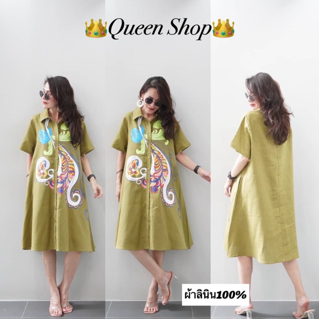 เดรสลินินแท้💯คอเซิ้ตแบบใหม่ งานสกรีนอย่างดีลายสวยสะดุดตา กระดุมผ่าหน้าสวมใส่ง่าย สินค้าคุณภาพ (พร้อมส่ง)