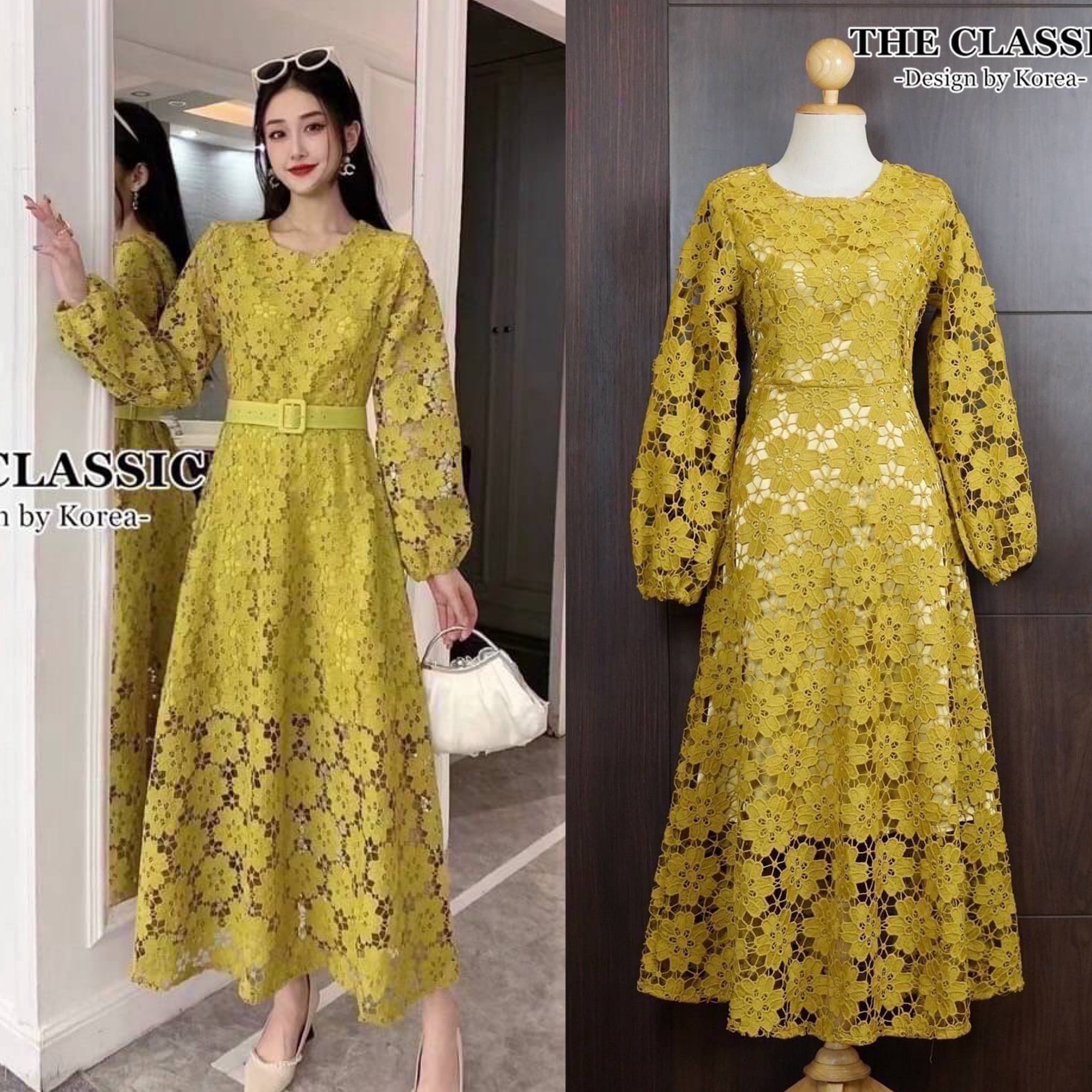 เดรสลูกไม้แขนยาว+เข็มขัด : สินค้าคุณภาพ (พร้อมส่ง)