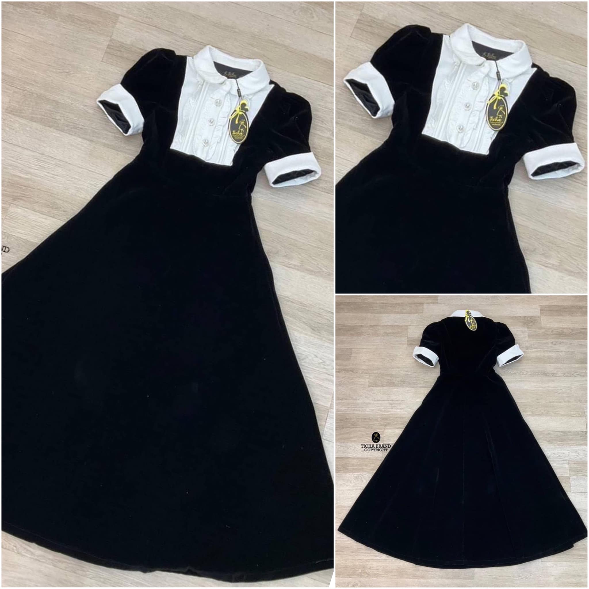 เดรสสีดำตัวยาวแขนสั้น ดีไซน์คอบัวสีขาว แต่งผ้าสีขาวยาวมาถึง ช่วงอกและแต่งระบายเล็กๆกับกระดุมมุก ใช้งานได้จริง สินค้าคุณภาพ (พร้อมส่ง)