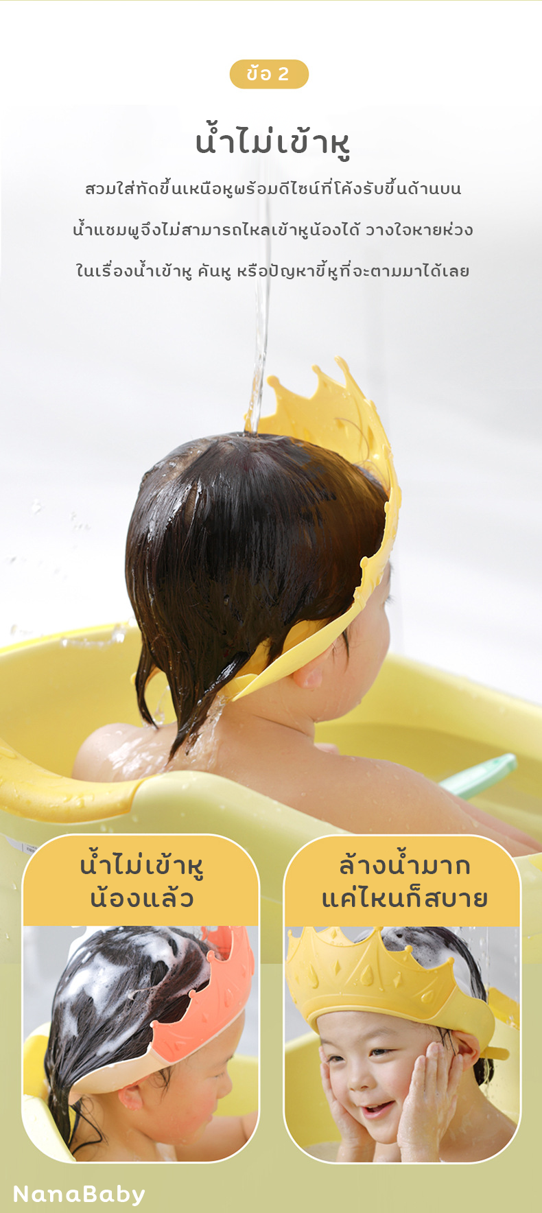NanaBaby หมวกสระผมเด็ก หมวกสระเด็ก หมวกกันแชมพู กันน้ำเข้าตา หมวกสระผม ปรับขนาดได้ 🛁 รูปมงกุฏ 3 มิติ