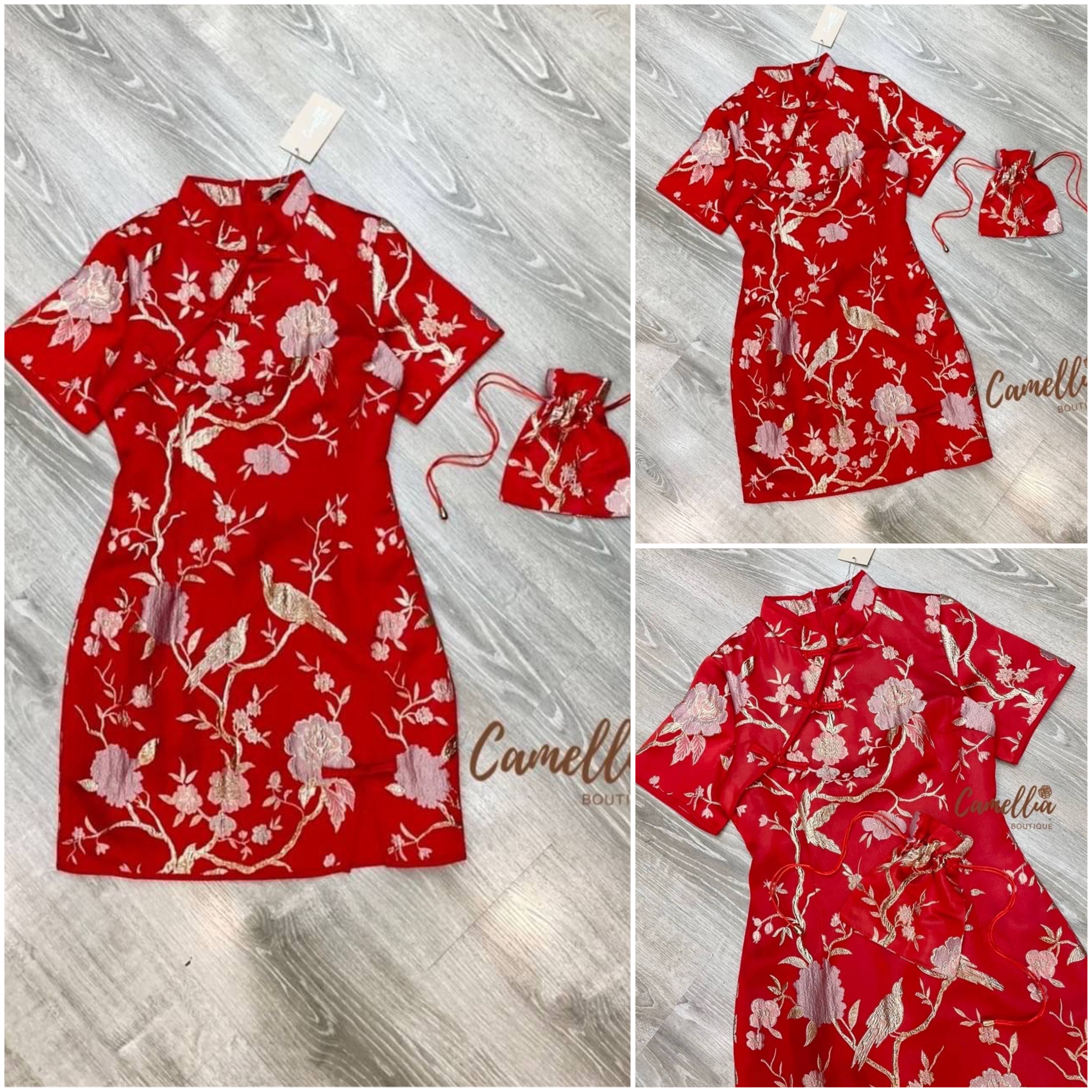 กี่เพ้า เดรสผ้าทอลายดอกไม้ + กระเป๋าผ้า ใส่ซองแดง ลายเข้ากับชุด สวยจ ใส่สบาย สินค้าคุณภาพ (พร้อมส่ง)