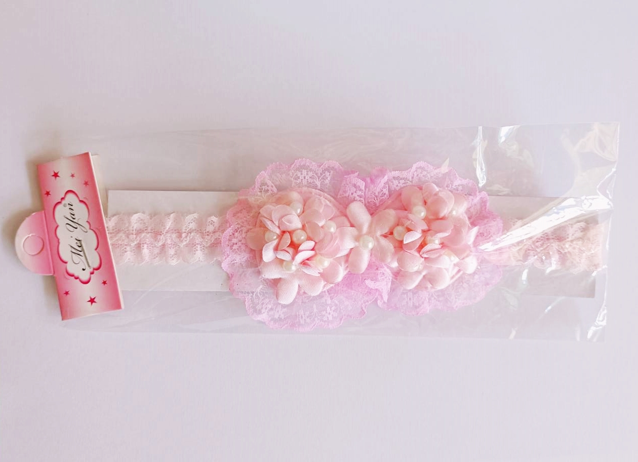 NanaBaby ผ้าคาดผมทารก ที่คาดผมเด็กอ่อน ผ้าคาดผมเด็กอ่อน สีชมพูสวยหวาน ผ้าลูกไม้ประดับมุกและดอกไม้น่ารัก