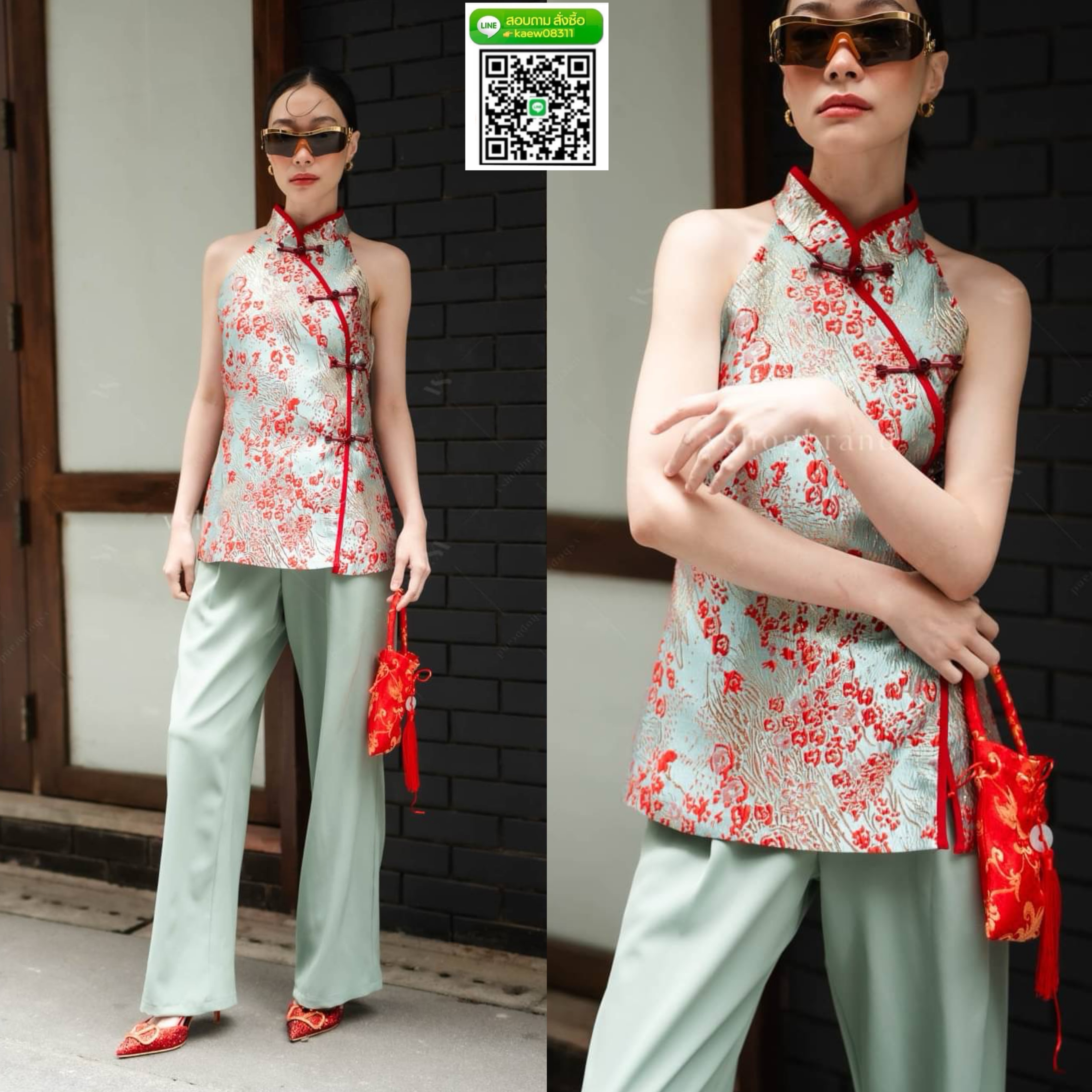 Set เสื้อกี่เพ้า ผ้าทอแขนกุด + กางเกงผ้าพื้น ใส่สบาย : สินค้าคุณภาพ (พร้อมส่ง)