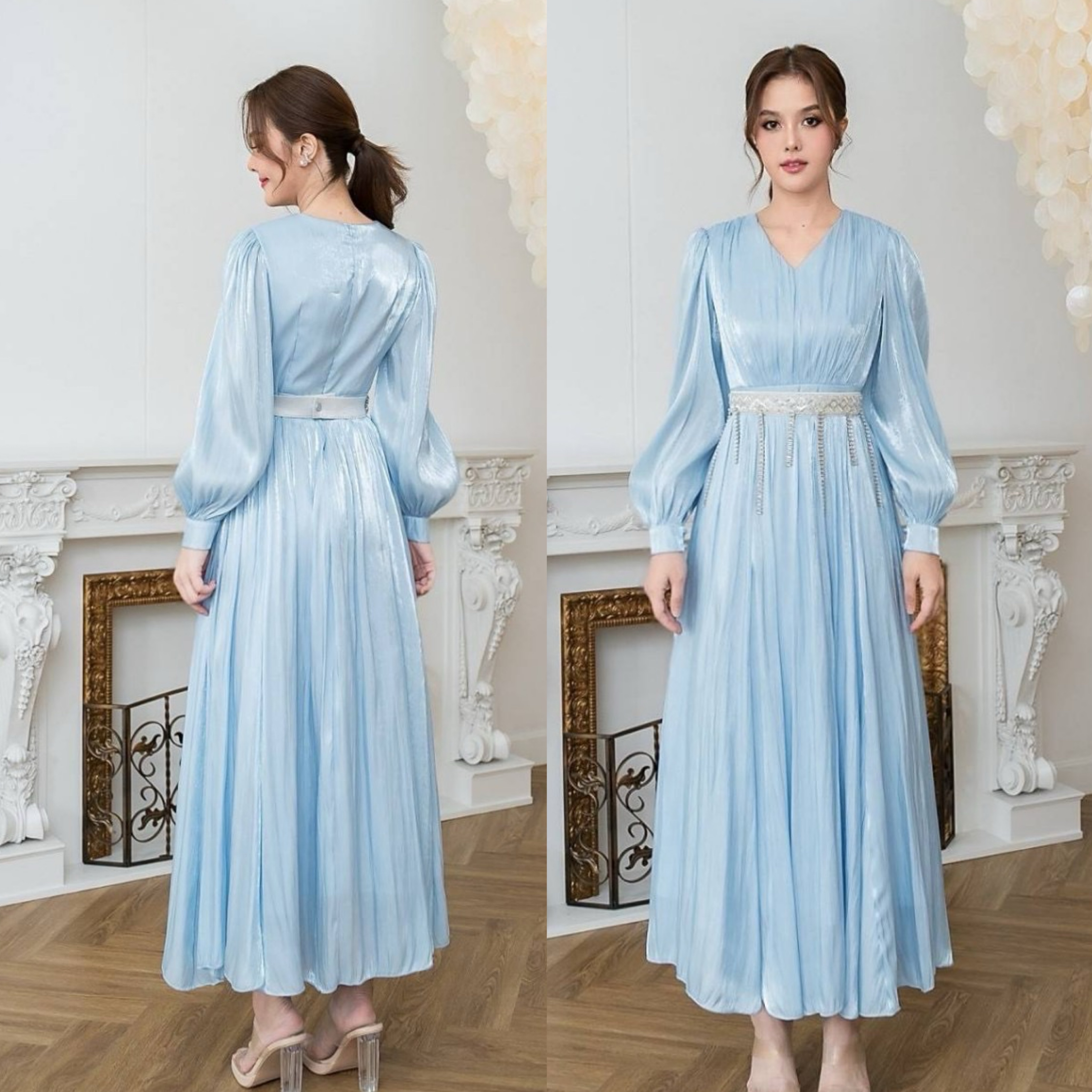 แม็กซี่เดรสเสื้อคอวีแขนยาว กระโปรงบาน +เข็มขัด ใส่สบาย : สินค้าคุณภาพ (พร้อมส่ง)