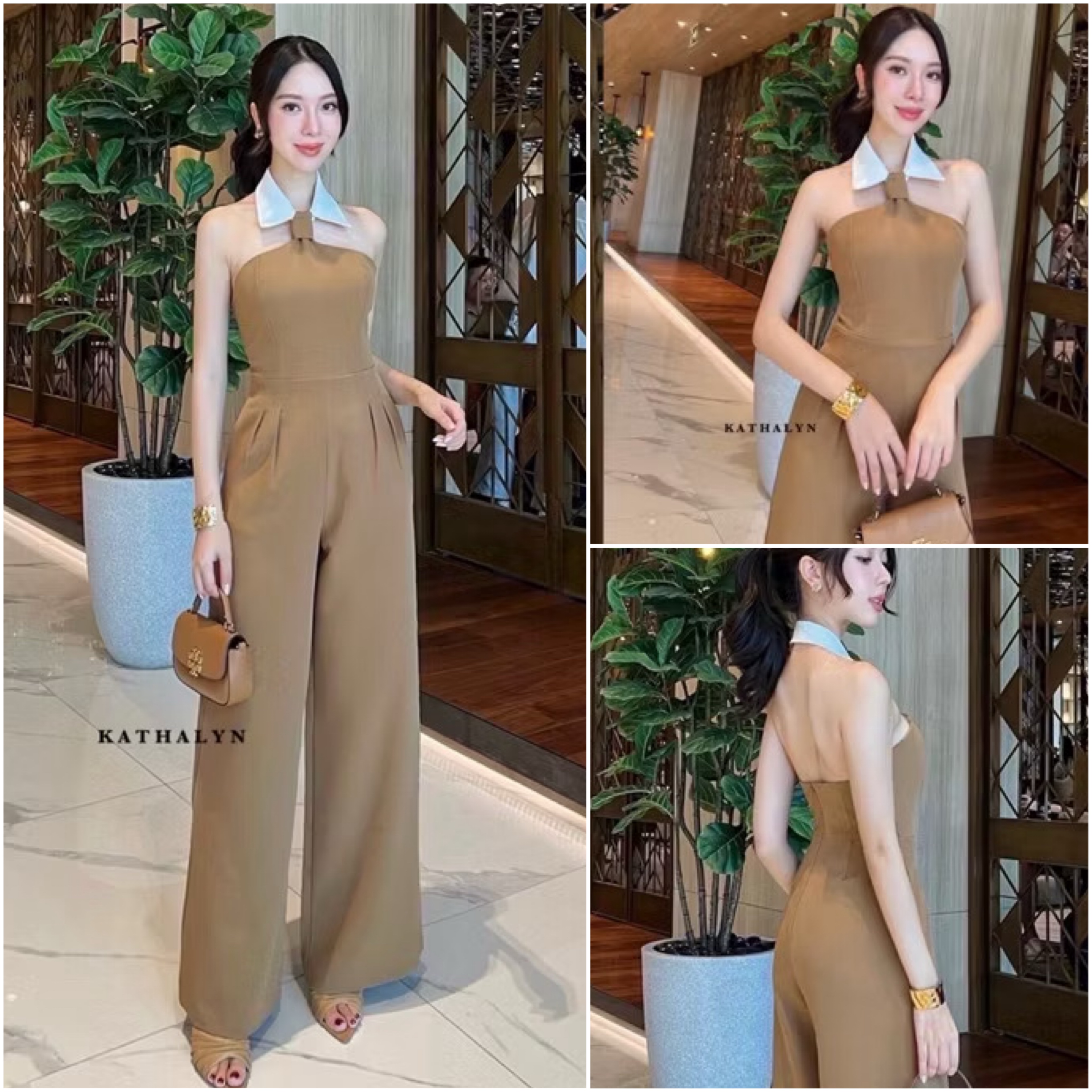 จั๊มสูทขายาวกึ่งเกาะอก แต่งคอปกคล้องคอตรงกลางแต่งเหมือนเนกไทน์ในตัวสุดเก๋ ใส่สบาย : สินค้าคุณภาพ (พร้อมส่ง)