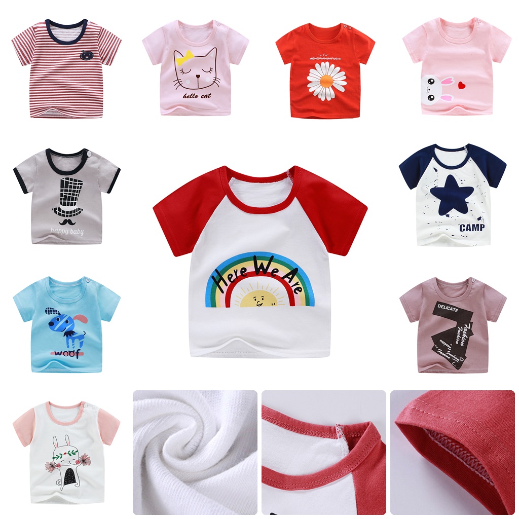 เสื้อยืดเด็ก ผู้ชาย/หญิง เสื้อยืดเด็กเล็ก Cotton100 มีกระดุมข้างคอ ใส่ง่าย มี Size สำหรับเด็กวัย 0-10 ปี