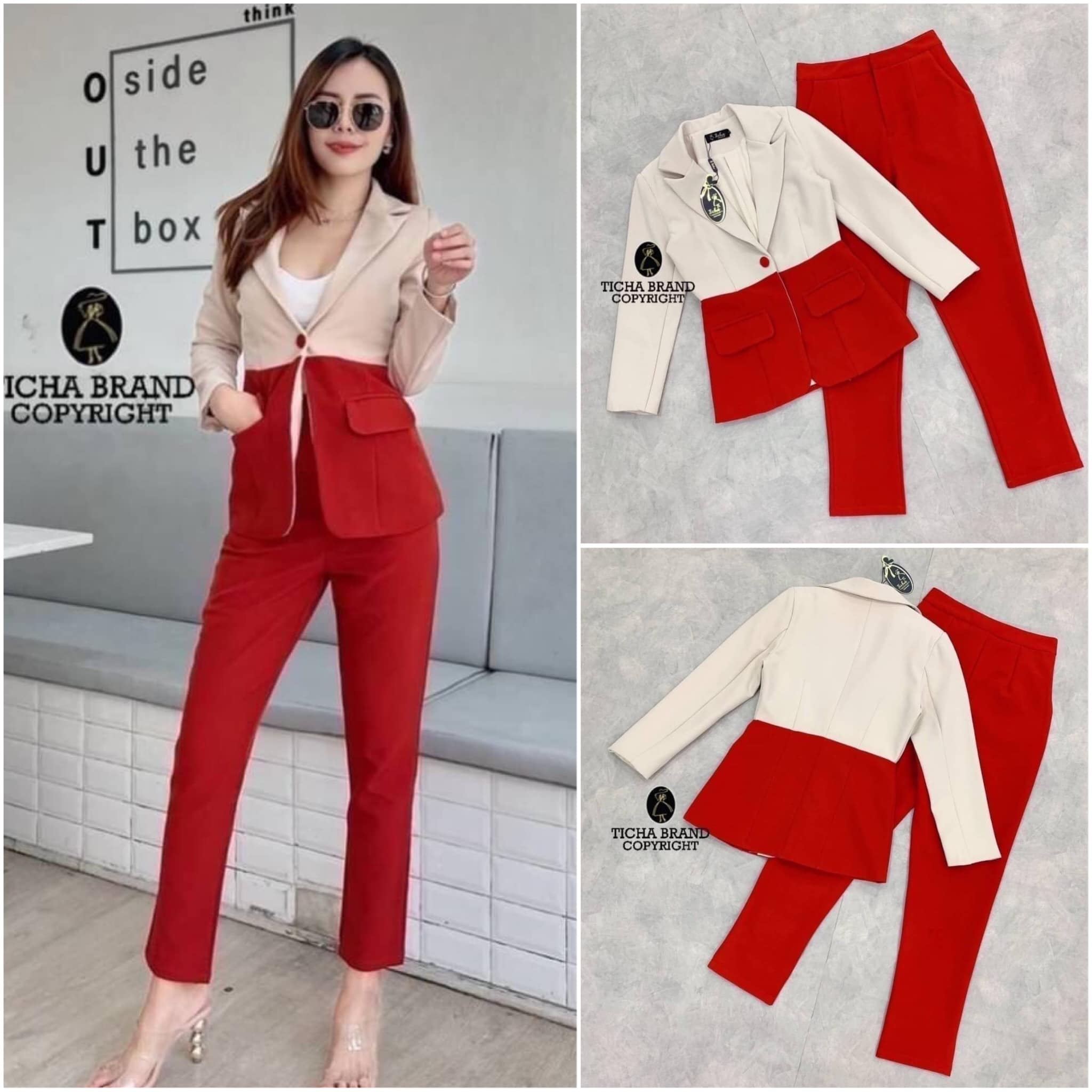 Set ชุดสูท ทูโทนสีสุดฮิต งานอัดกาวผ้า2ชั้นเนียบอย่างดี แต่งกระดุมผ้าในตัว เรียบหรู คู่กับกางเกงเอวสูง ทรงสวย งานสวย ใส่สบาย สินค้าคุณภาพ (พร้อมส่ง)