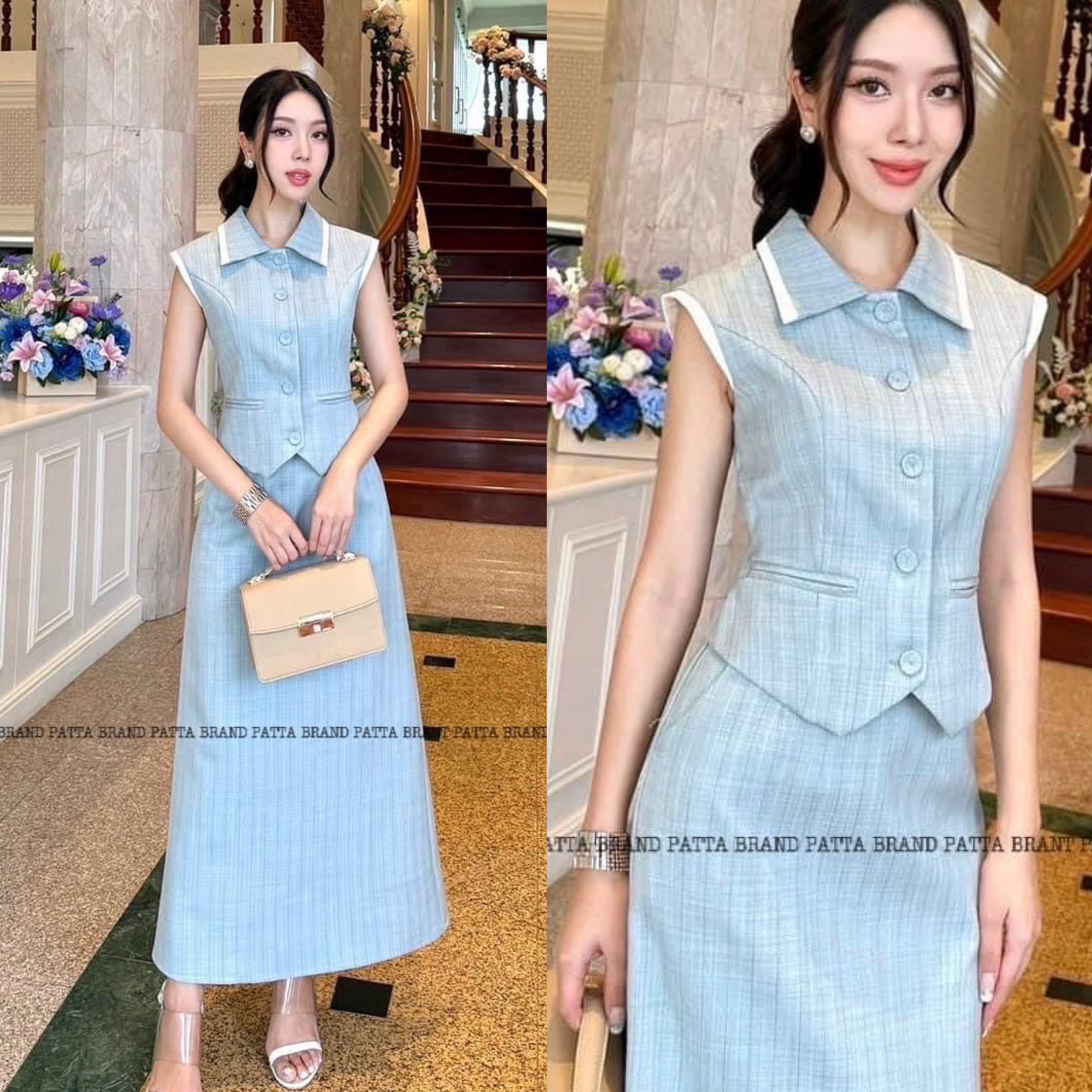 Set 2 ชิ้น เทาลายตารางเสื้อคอปกแขนล้ำ เย็บต่อปกขาว กุ๊นปลายแขนสีขาว อกมีกระดุมหน้า ใช้งานได้จริง แต่งปกกระเป๋าหลอกเก๋ๆ ดีไซน์สวย มากพร้อมกับกระโปรงยาวทรงตรงทรงสอบดีไซน์ผ่าหลัง ใส่สบาย : สินค้าคุณภาพ (พร้อมส่ง)