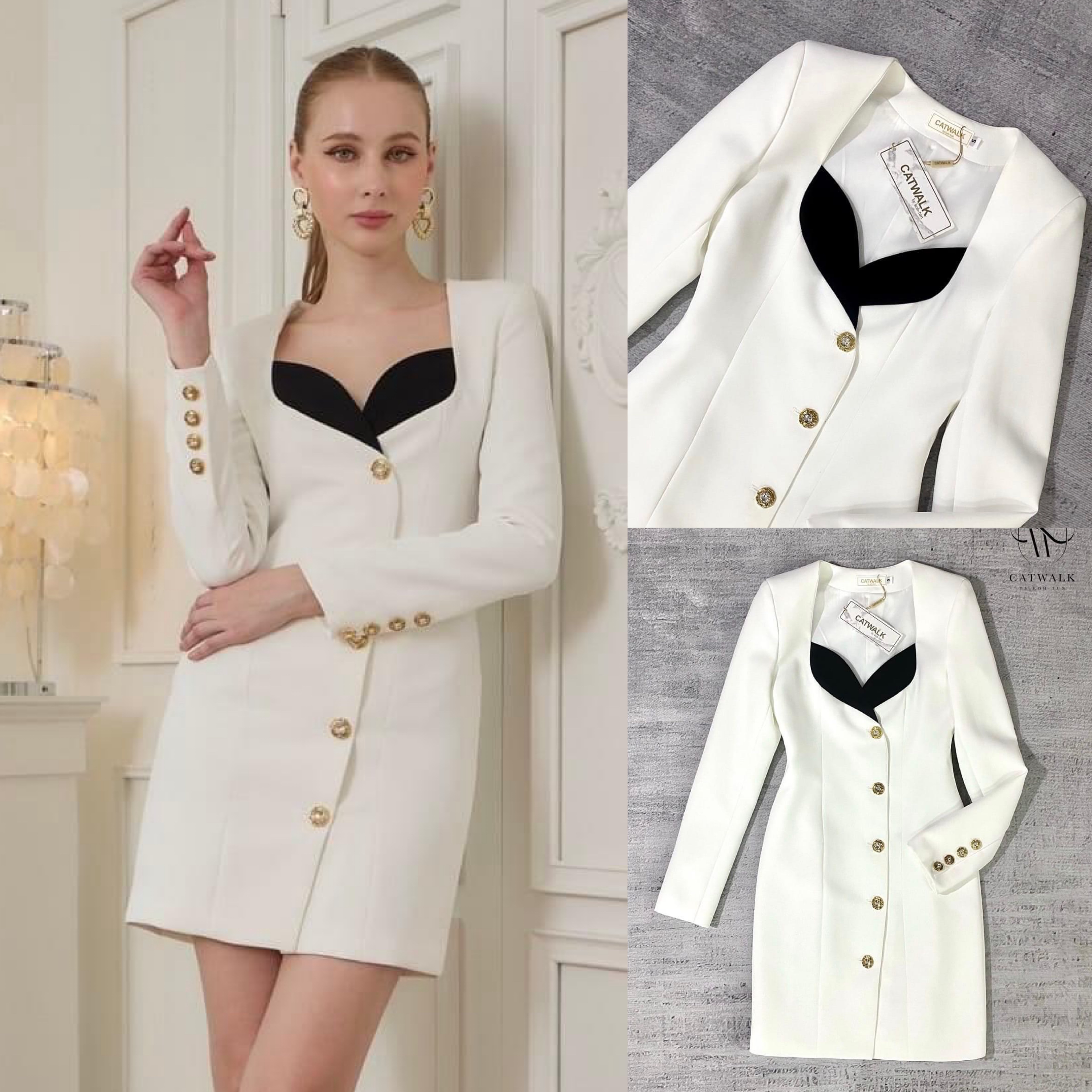 เดรสทูโทนกระดุมเพ็ชร เนื้อผ้าเกรดเอ ผ้าใส่สบายเป็นทรงสวย ตัวชุดเป็น ทรงเข้ารูป แขนยาว ใส่สบาย : สินค้าคุณภาพ (พร้อมส่ง)