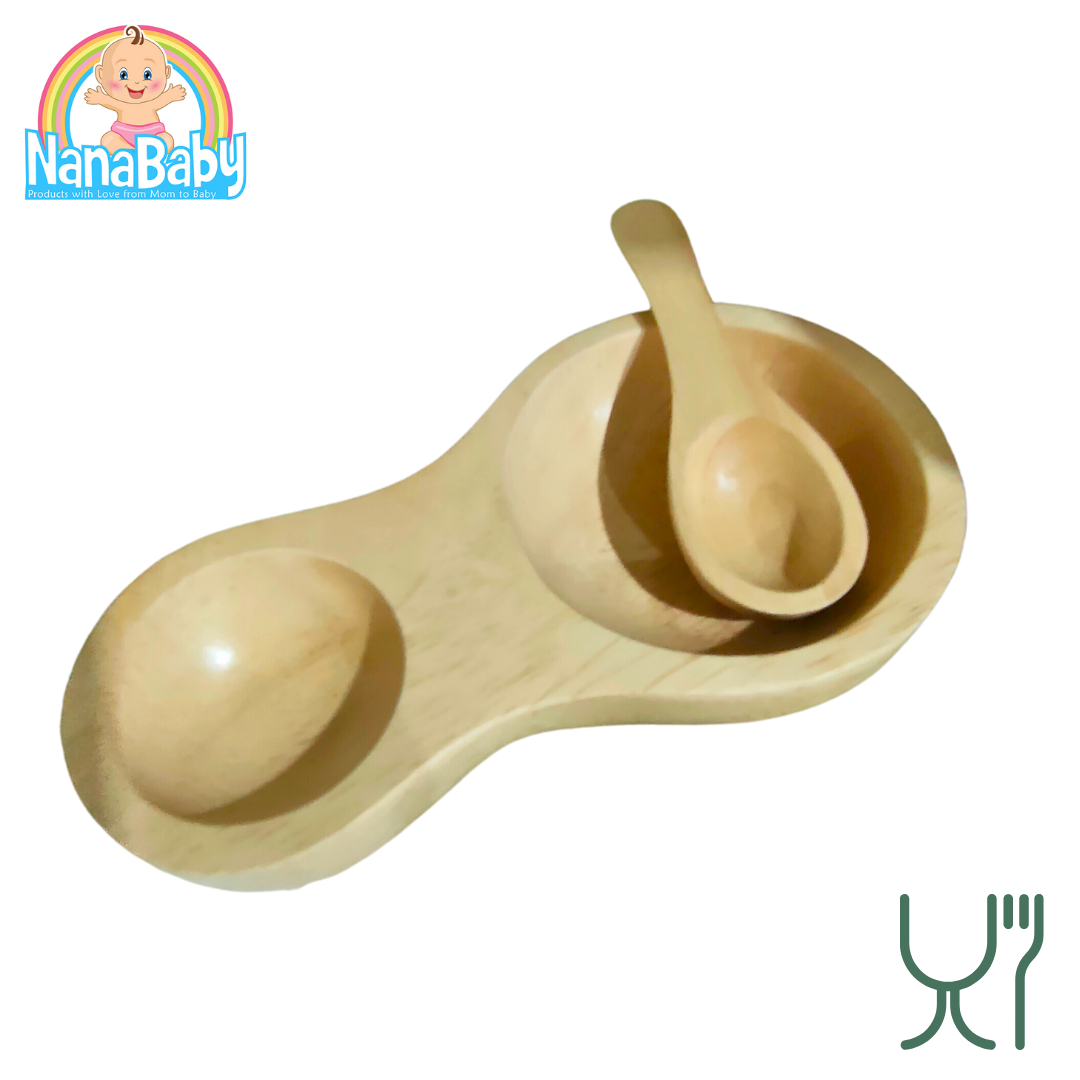 จานไม้กลม จานไม้รูปหมี จานไม้ถาด ถ้วยไม้ จากไม้ยางพาราแท้ Food Grade Japanese Wood Plate by NanaBaby