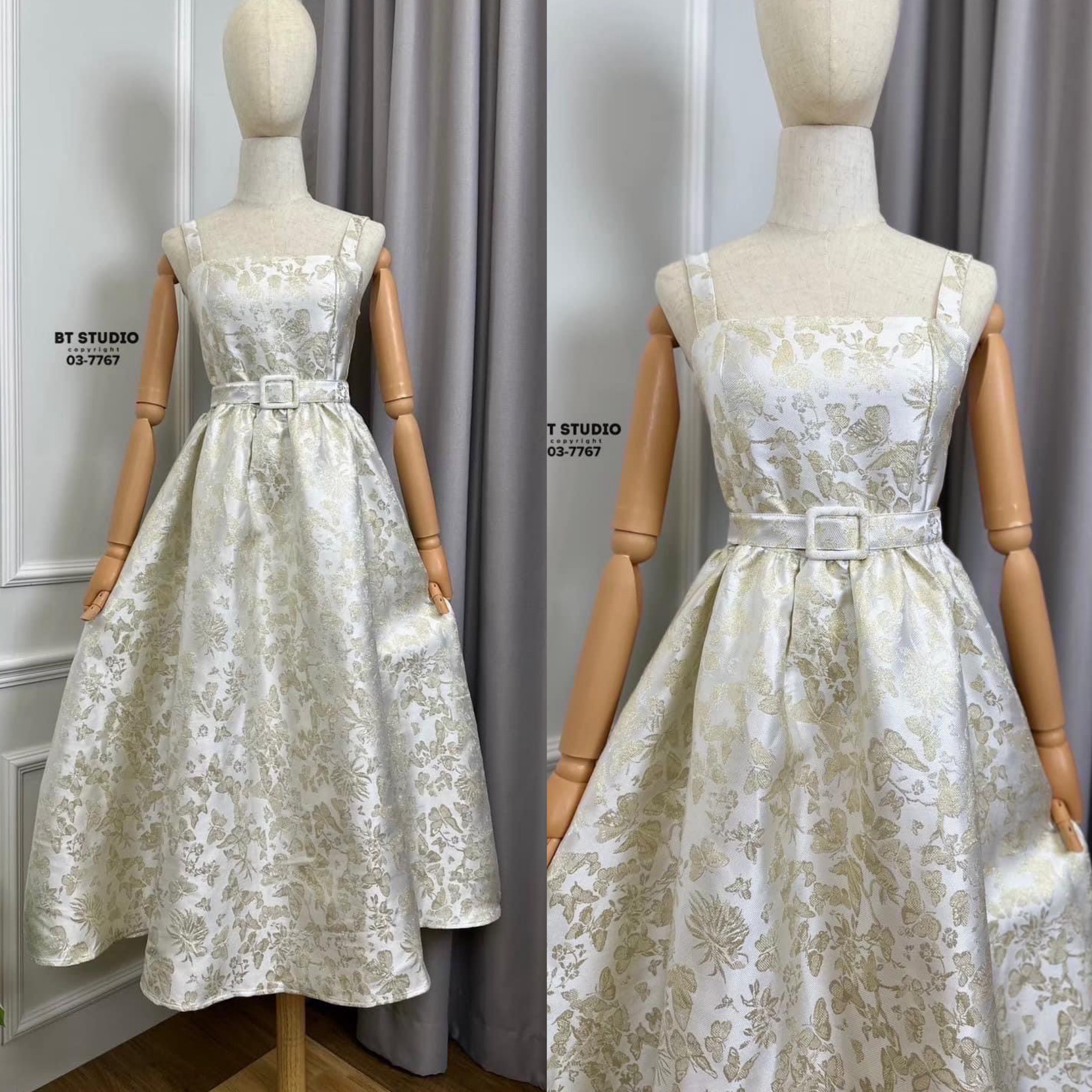 เดรสกระโปรงยาวสายเดี่ยวดีเทลผ้า ทอลายผีเสื้อสีทองทอลงบนเนื้อผ้าเรียบ งานสวย เนื้อผ้าดี คัตติ๊งสวยมีซับใน มาพร้อมเข็มขัดลาย เดียวกันงานสวยมาก ใส่สบาย : สินค้าคุณภาพ (พร้อมส่ง)