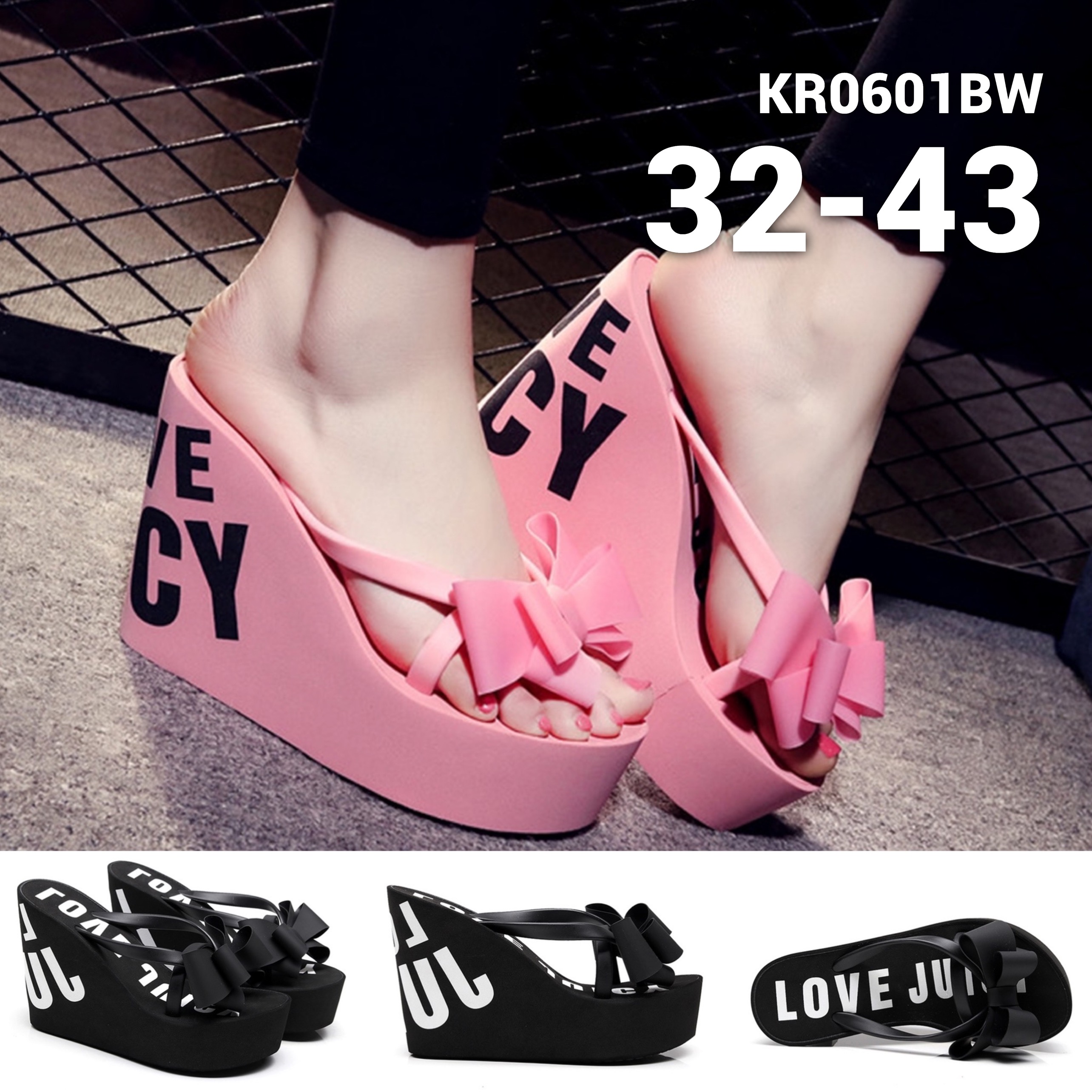 รองเท้าแตะแฟชั่น 32-43 ติดโบว์ แตะหูหนีบส้นเตารีด Love Juicy สีดำ สีชมพู KR0601BW