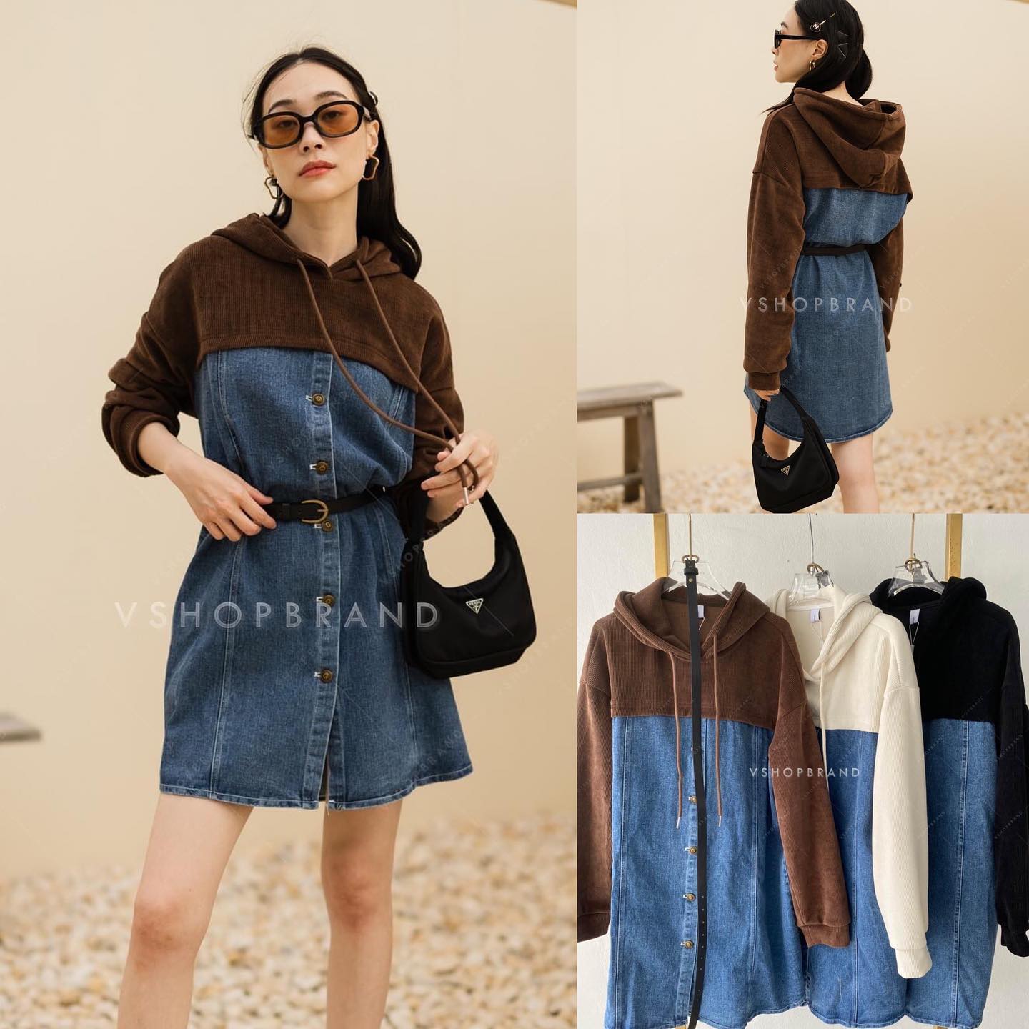 เดรสยีนส์กระดุมหน้า แต่งฮู้ด + เข็มขัด สินค้าคุณภาพ (พร้อมส่ง)