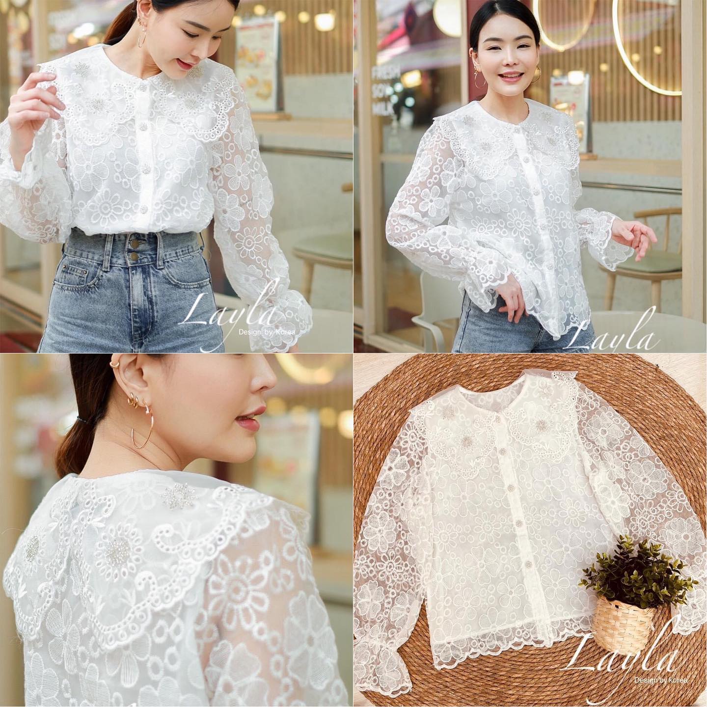 เสื้อเชิ้ตลูกไม้ปักลายดอกหวานๆ คอบัวปักประดับลูกปัดวิ้งวับ งานมีซับในตัว ใส่สบายๆ : สินค้าคุณภาพ (พร้อมส่ง)