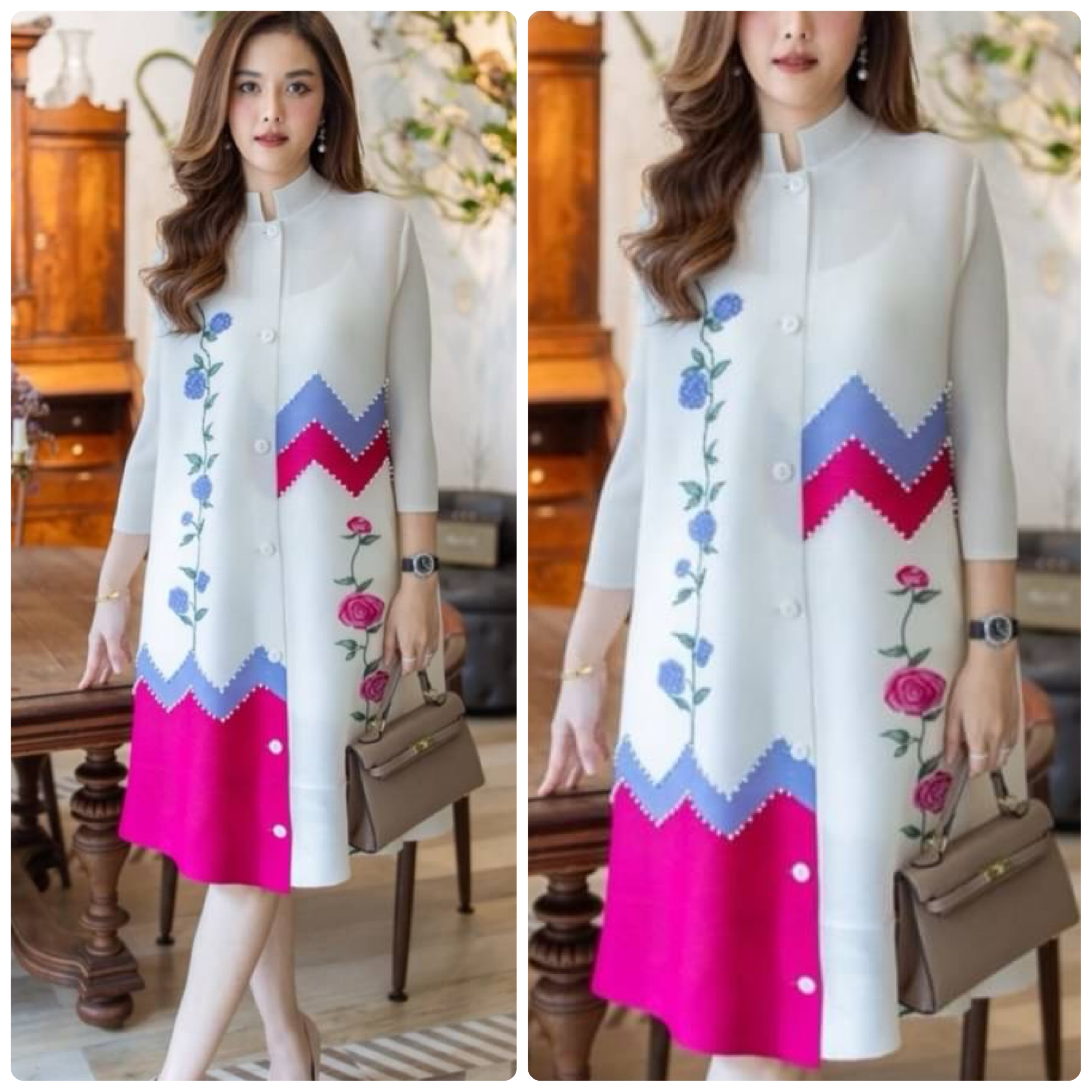 เดรสผ้าอัดพลีท Premium Pleatd Fabric ดีเทลสวยๆพิมพ์ลายประดับด้วยเพชรสุดหรู และมุก ใส่สบาย : สินค้าคุณภาพ (พร้อมส่ง)