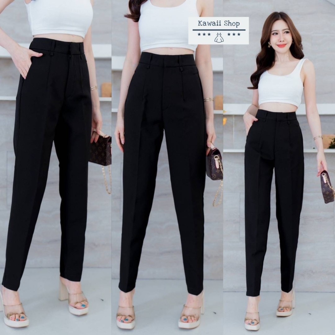 กางเกงขายาว ทรงเดฟ ดีเทลกระเป๋าสามเหลี่ยม ติดตะขอ ซิปหน้า ผ้าไมโคร ใส่สบาย : สินค้าคุณภาพ (พร้อมส่ง)