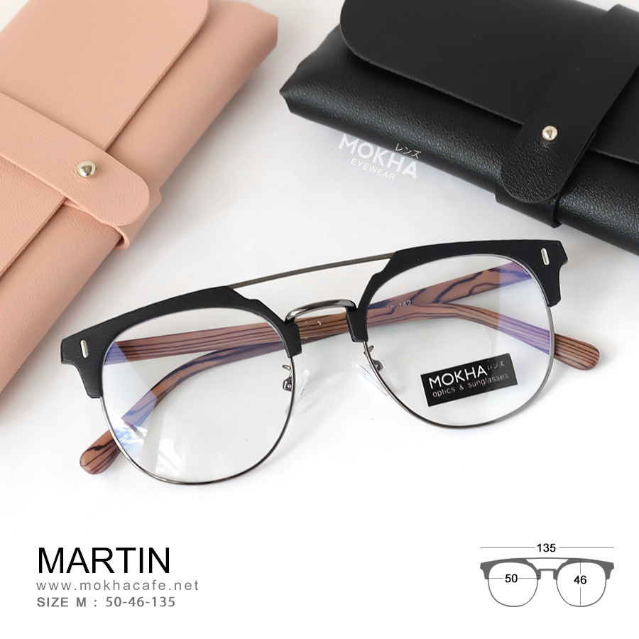 MARTIN - black wood แว่นตาวินเทจ กรอบโลหะ ขาลายไม้ ทรงหยดน้ำ double bridge กว้าง 135 มม.(sizeM) 24g