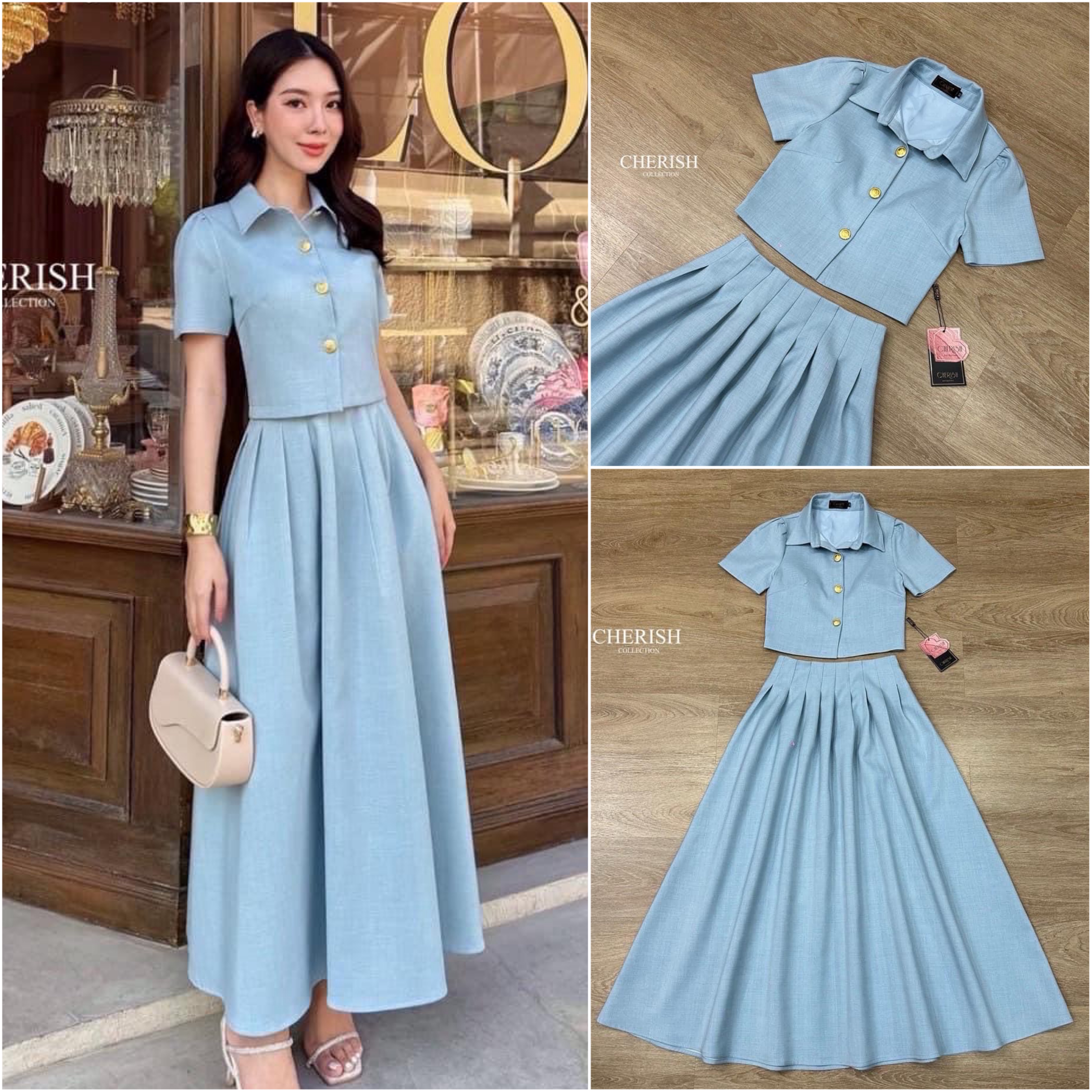 Set สุดน่ารัก ตัวเสื้อเป็นครอปตัวยาวคอปก ตกแต่งกระดุมทองมาพร้อมกระโปรงตัวยาวจับจีบใส่คู่กันแล้วน่ารักสุดๆไปเลยค่ะ ใส่สบาย : สินค้าคุณภาพ (พร้อมส่ง)