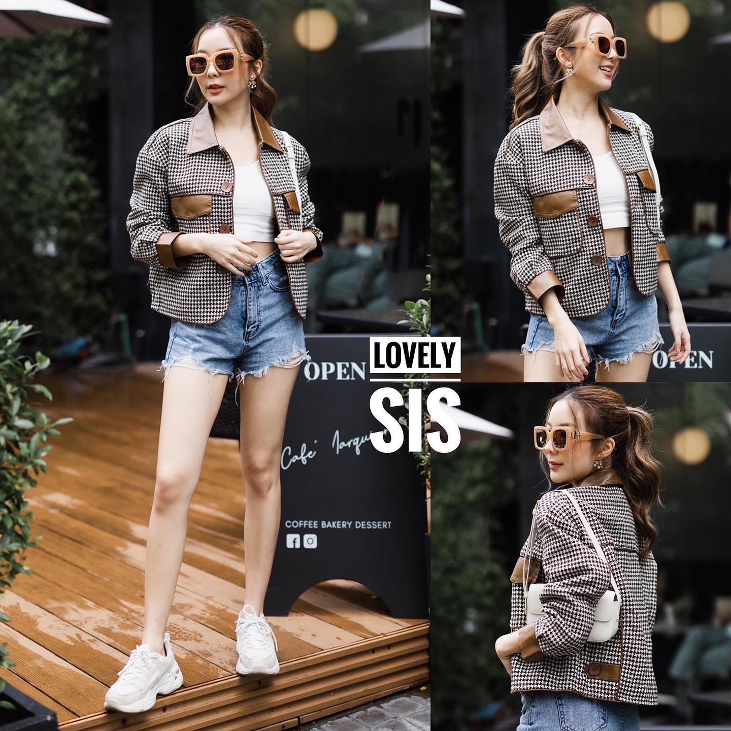 เสื้อแจ็คเก็ตแขนยาวผ้าทอลาย แต่งดีเทลหนัง งานมีซับในอย่างดี : สินค้าคุณภาพ (พร้อมส่ง)