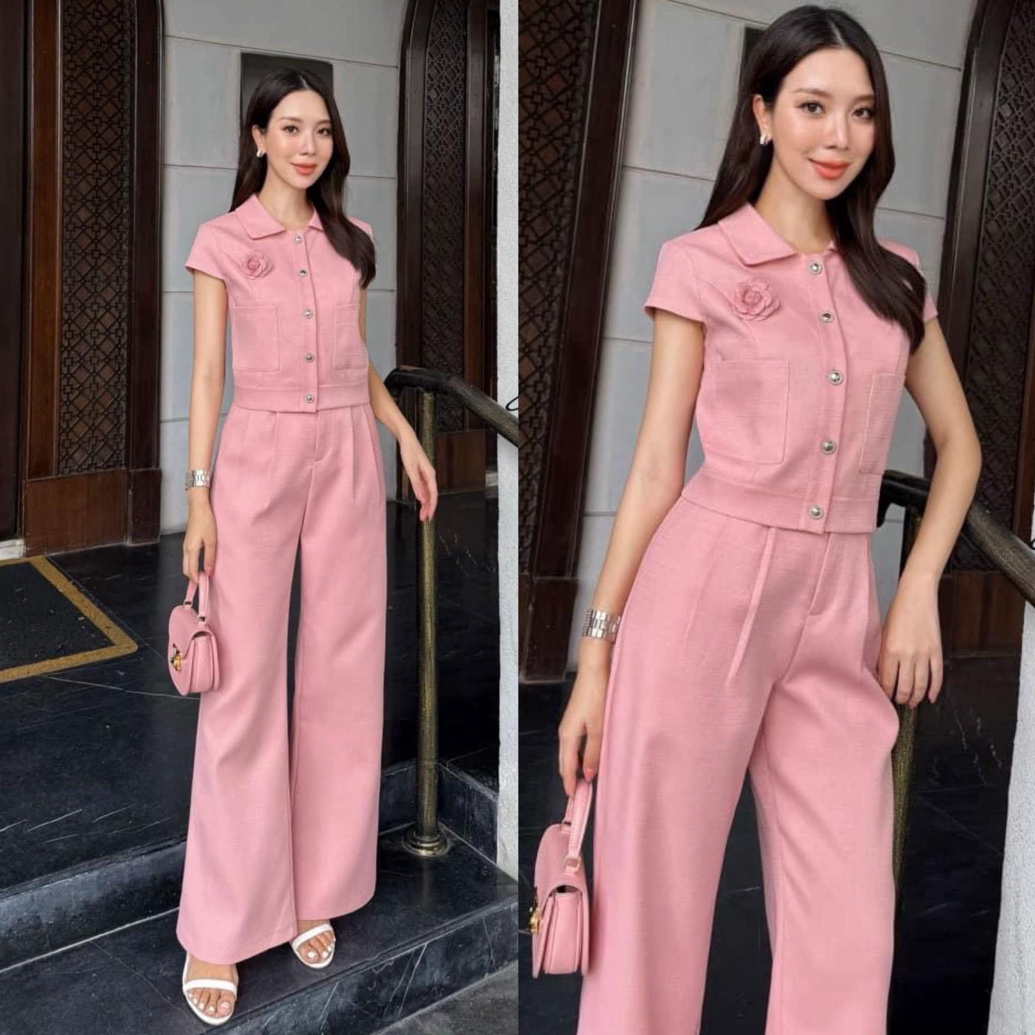 เซ็ตเสื้อดีไซน์สวย กระดุมหน้า แต่งปก ตัดต่อกระป๋าด้านหน้าซ้ายขวา มาพร้อมกางเกงขายาวเข้าเซ็ต และเข็มกลัด ใส่สบาย : สินค้าคุณภาพ (พร้อมส่ง)