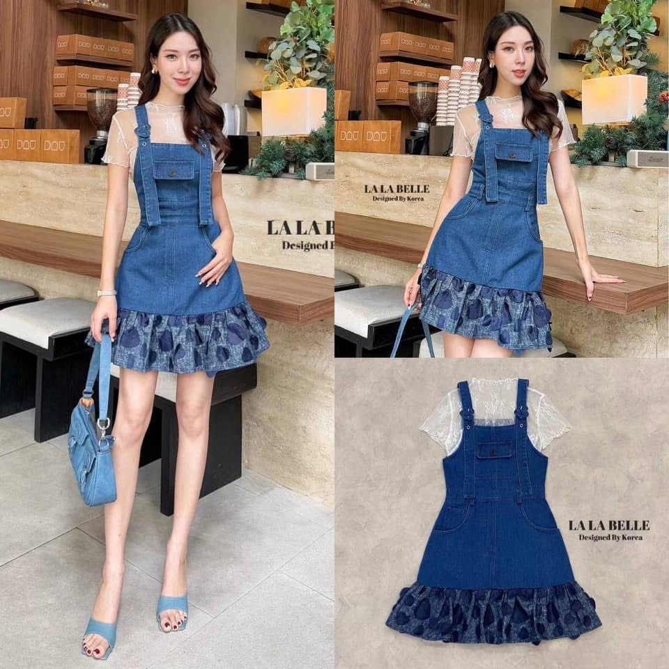 Set2ชิ้น เอี้ยมกระโปรงสั่นยีนส์ฟอกปรับสายได้ช่วงตัวปรับสาย+เสื้อลูกไม้ชีทรูใส่สบาย : สินค้าคุณภาพ (พร้อมส่ง)