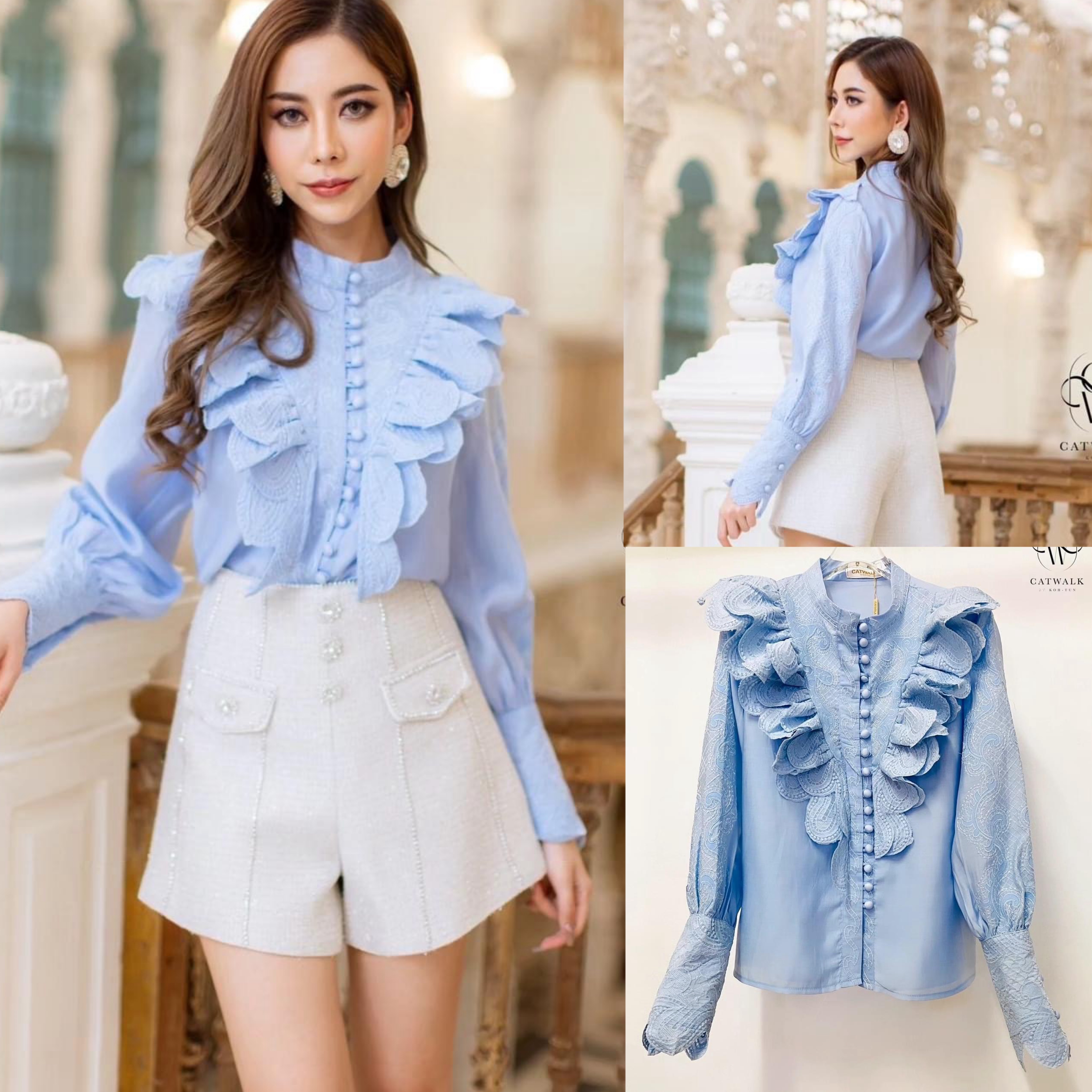 เสื้อแขนยาวแต่งระบายผ้าลูกไม้ เนื้อผ้าเกรดเอ ใส่สบาย : สินค้าคุณภาพ (พร้อมส่ง)