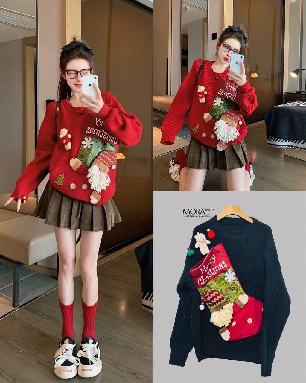 เสื้อสเวตเอตร์ไหมพรมแขนยาว แต่งซานต้าคริสต์มาส ใส่แมทง่าย กันหนาวได้ ใส่สบาย : สินค้าคุณภาพ (พร้อมส่ง)