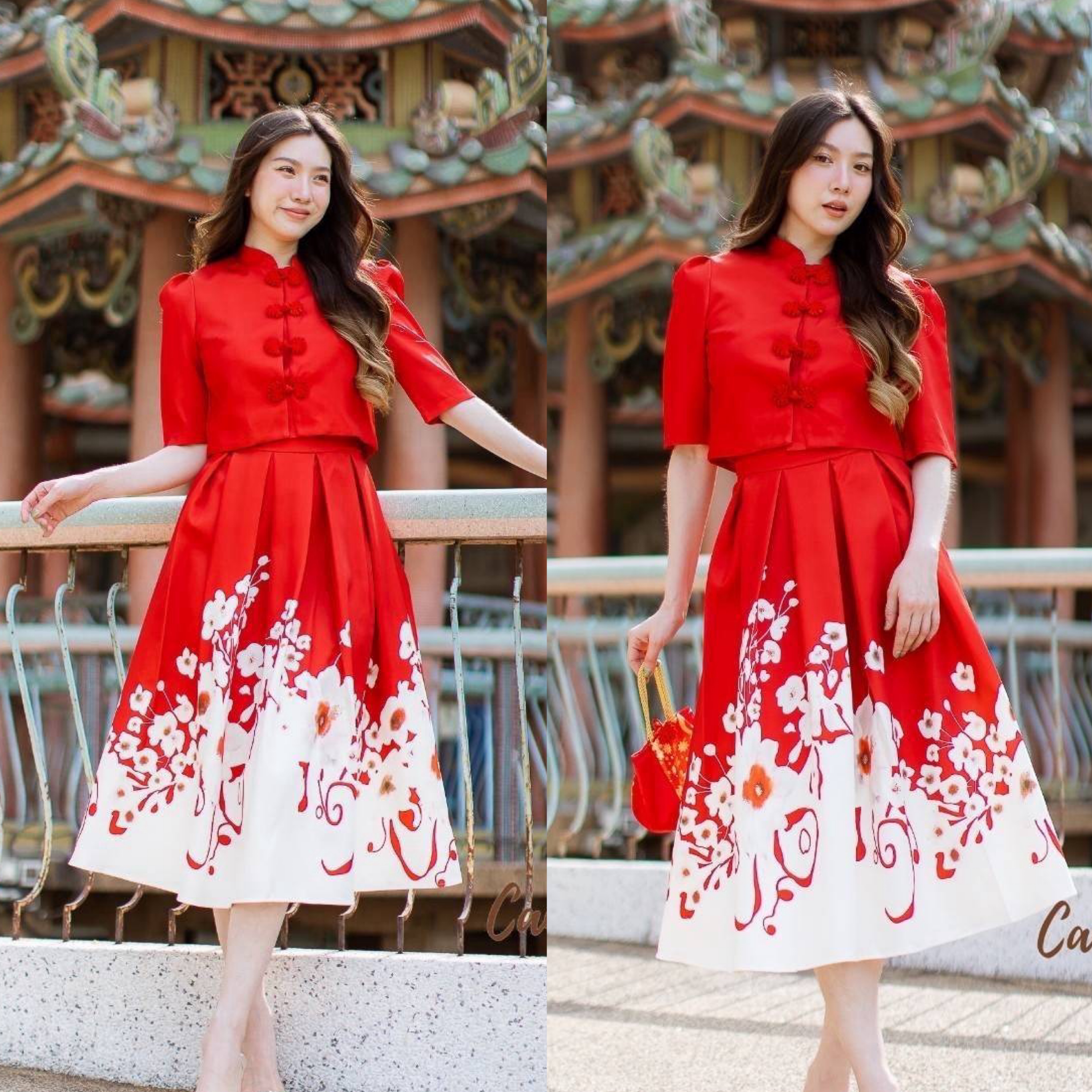 ชุดSetเสื้อคอจีน แต่งกระดุมจีนด้านหน้า มาพร้อมกระโปรงจีบรอบ กระโปรงพิมลายตามแบบฉบับ ใส่สบาย : สินค้าคุณภาพ (พร้อมส่ง)