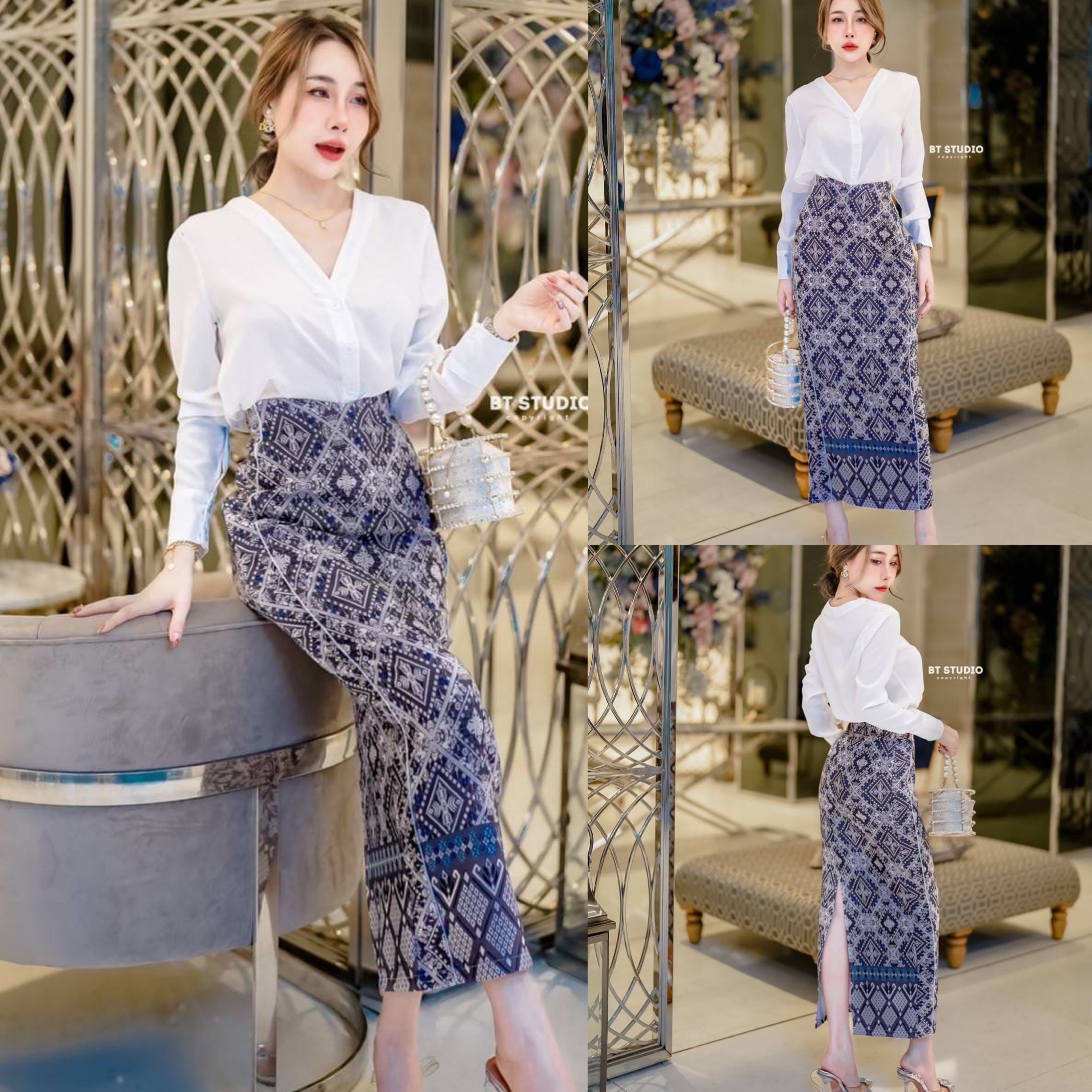 เซท 2 ชิ้น เสื้อเชิ้ตสีขาวแขนยาวคอวีกระดุมหน้า แมทซ์กับกระโปรงลายผ้าไทยประยุกต์ยาวผ่าหลัง แต่งกุ้นเส้นแทบสองข้าง งานสวยเนื้อผ้าดี สินค้าคุณภาพ (พร้อมส่ง)