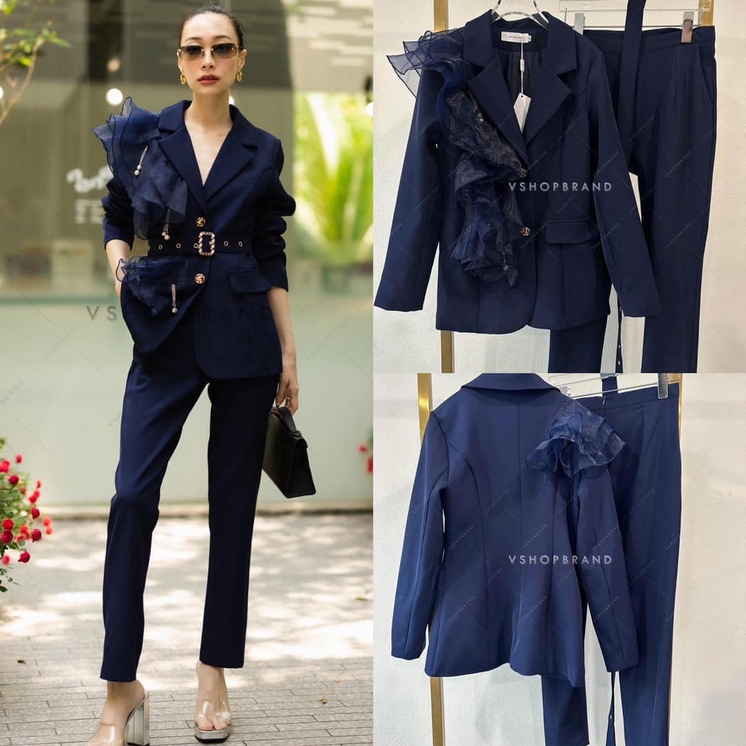 Set สูทแต่งฟรุ้งฟริ้งไข่มุก + \กางเกงขายาว + เข็มขัดผ้า สินค้าคุณภาพ (พร้อมส่ง)