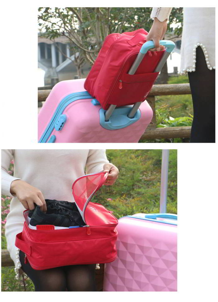 กระเป๋าใส่รองเท้า เสียบกระเป๋าเดินทางได้ ผลิตจากโพลีเอสเตอร์กันน้ำ + ตาข่าย คุณภาพดี มี 6 สี ให้เลือก