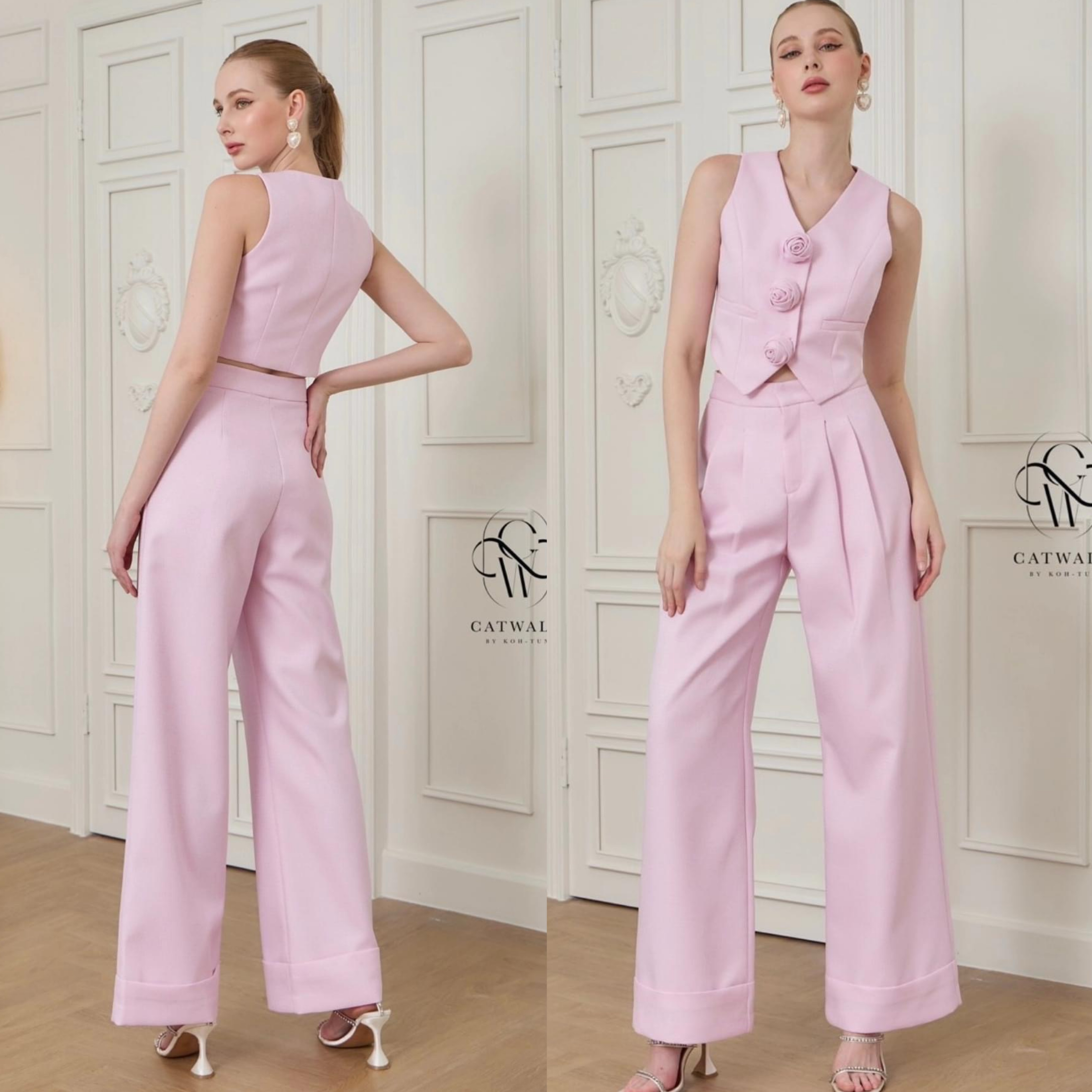 เซตเสื้อ Vestแต่งดอกไม้ +กางเกงทรงสวย เนื้อผ้าทอ ลายเกรดเอ ใส่สบาย : สินค้าคุณภาพ (พร้อมส่ง)