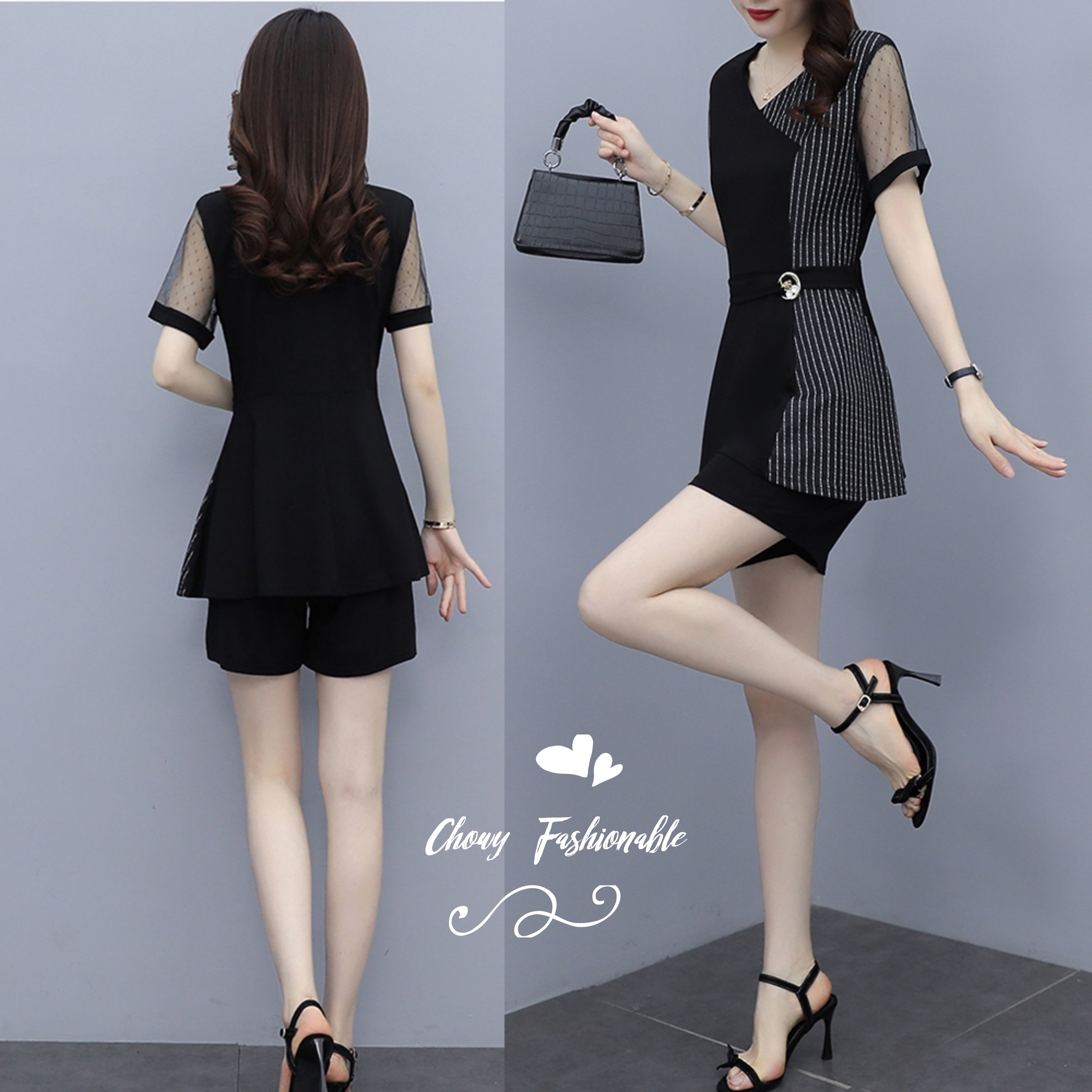 ชุดเซ็ต 2 ชิ้น เสื้อไซส์ใหญ่ 5XL รอบอก 38-42 นิ้ว กางเกงขาสั้นไซส์ใหญ่ สีดำ FF0307