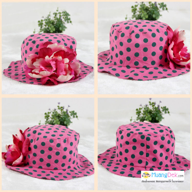 หมวกปีกเด็กหญิงลายจุด ติดดอกไม้ใหญ่ สำหรับเด็กวัย 2-5 ขวบ
